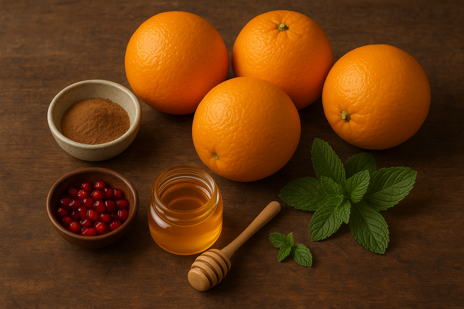 Ingredientes para ensalada de naranja y canela: naranjas, canela, miel y menta