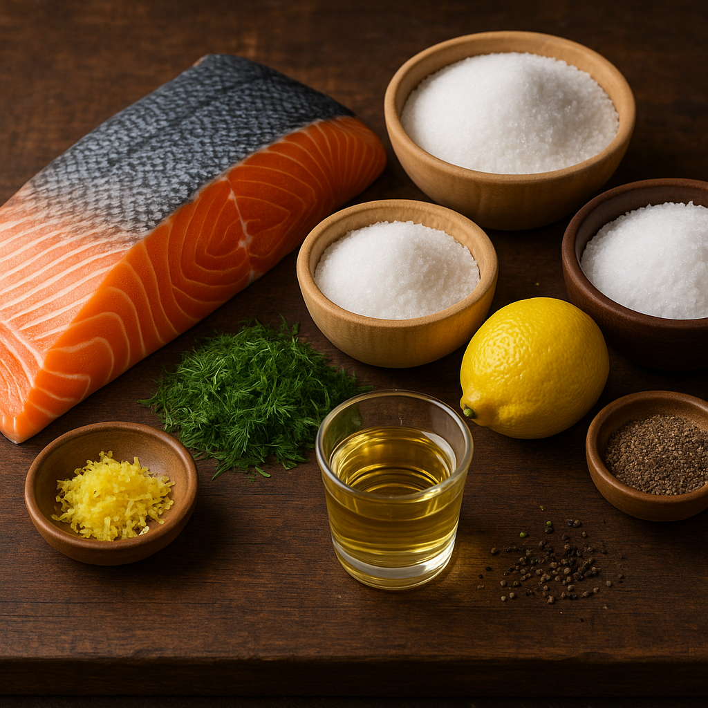 Ingredientes para gravlax sueco: salmón, sal, azúcar, eneldo y limón