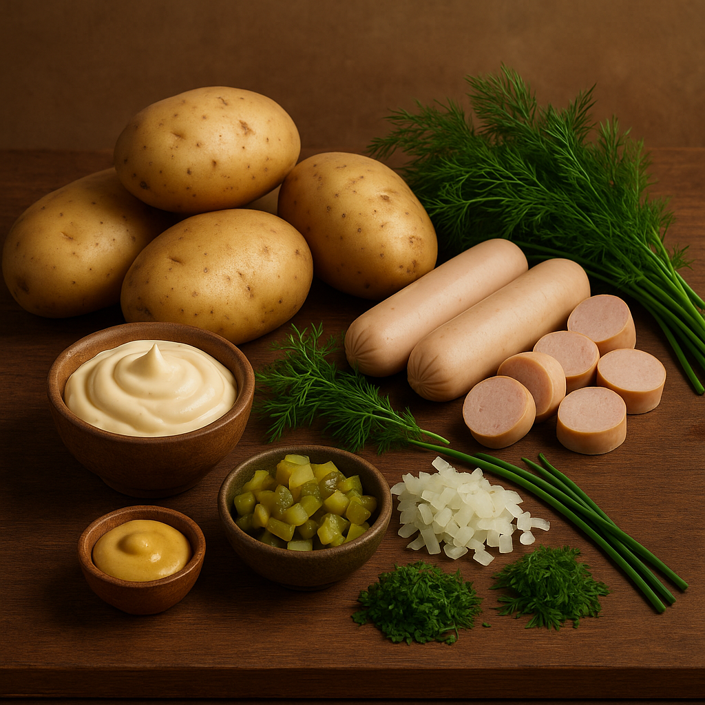 Ingredientes para ensalada alemana de patata kartoffelsalat con pepinillos y salchichas