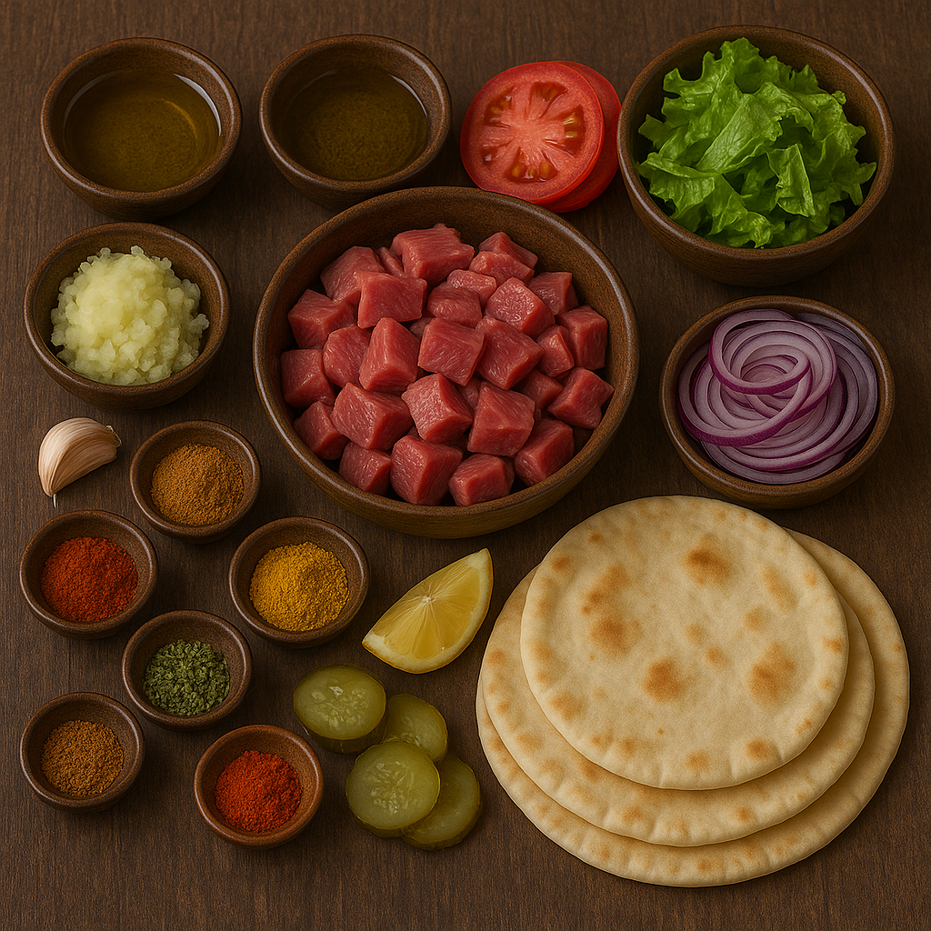 Ingredientes para kebab de cordero: carne, yogur, verduras, especias