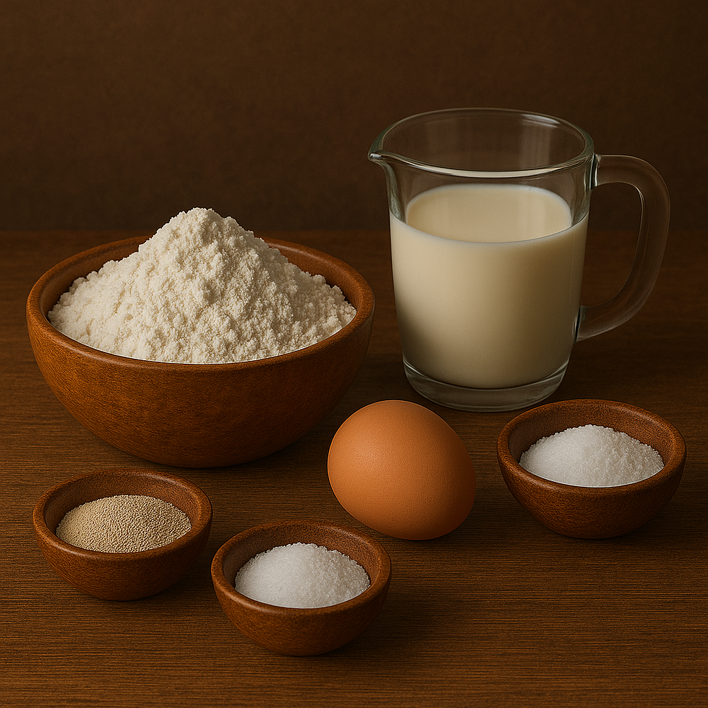 Ingredientes para knedlíky checos: harina, leche, huevo, levadura