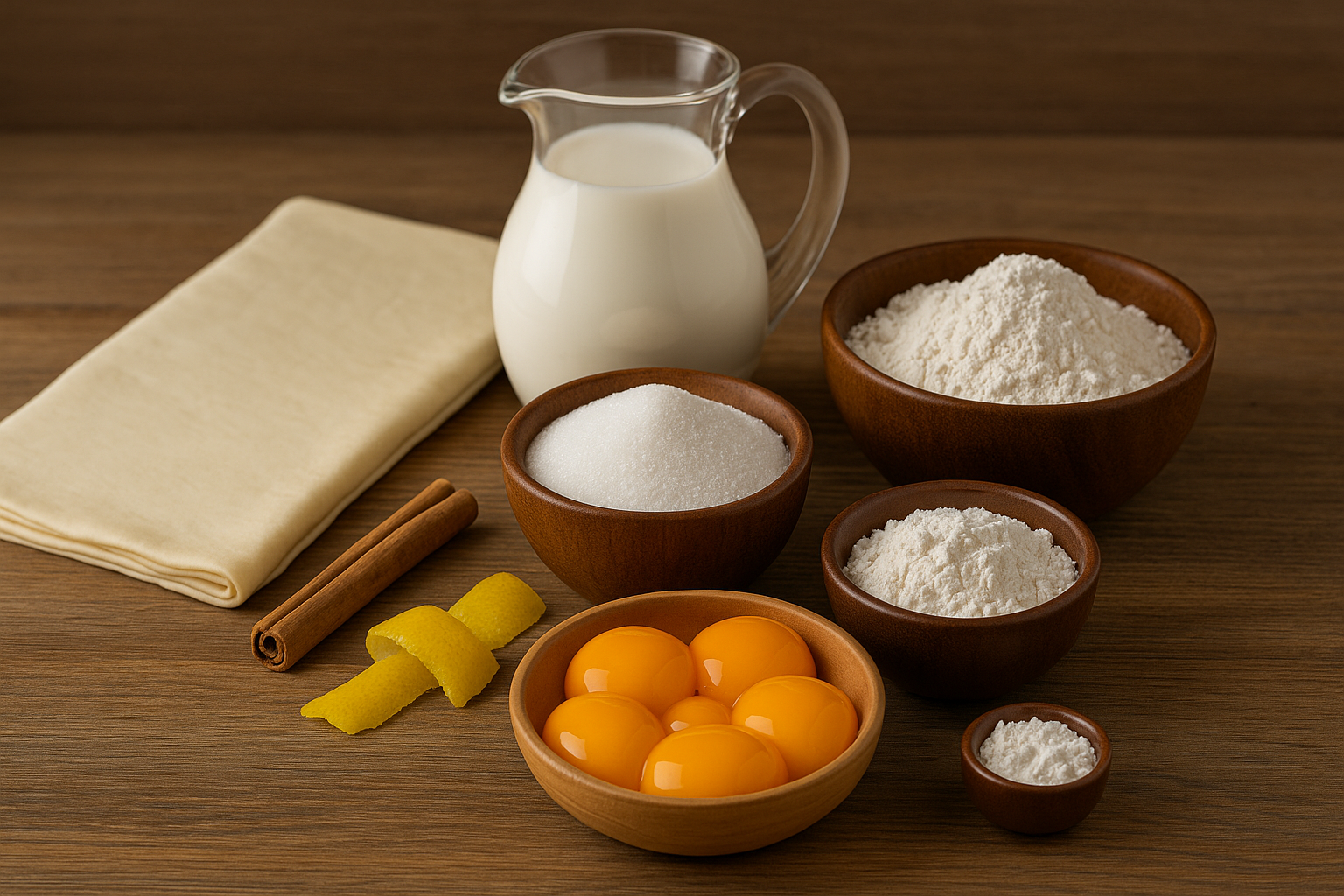 Ingredientes para pasteis de nata: hojaldre, leche, yemas, azúcar, canela