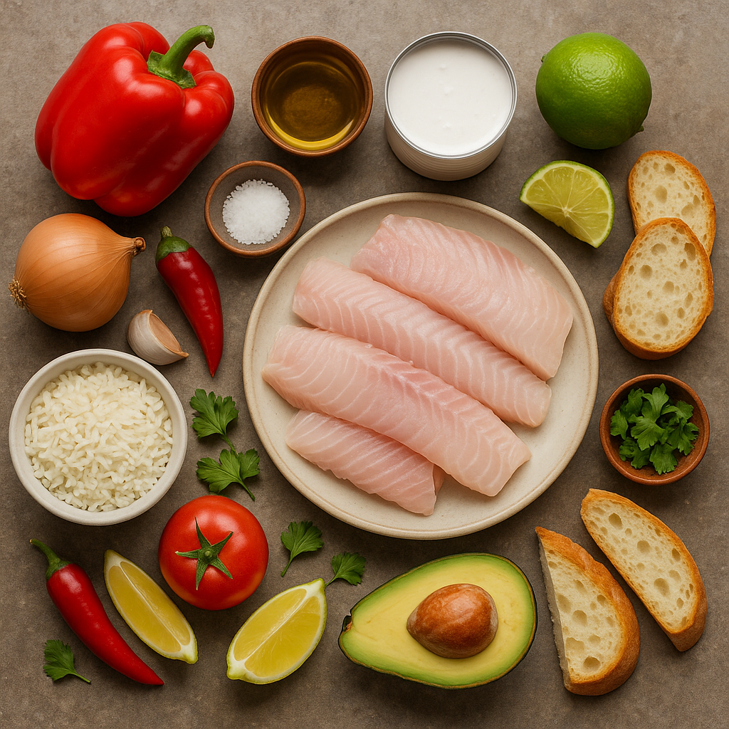 Ingredientes para pescado al coco caribeño: filetes de pescado, leche de coco, ají, cebolla y tomate