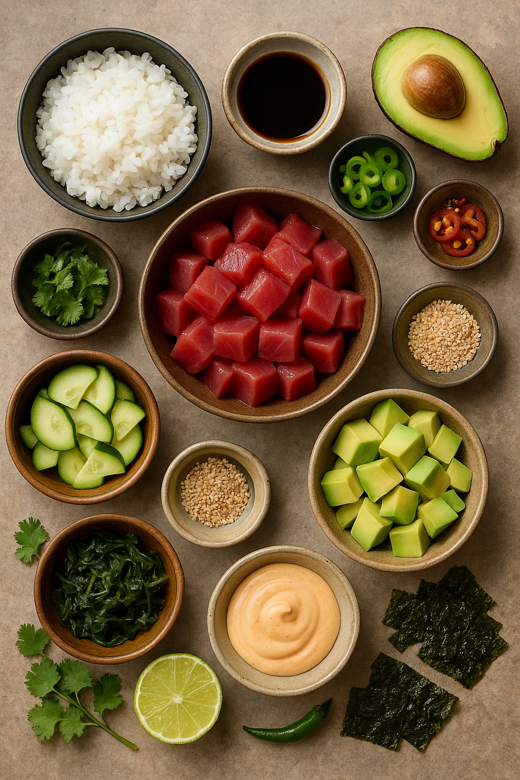 Ingredientes para poke: atún, arroz, aguacate, cebolletas, soja