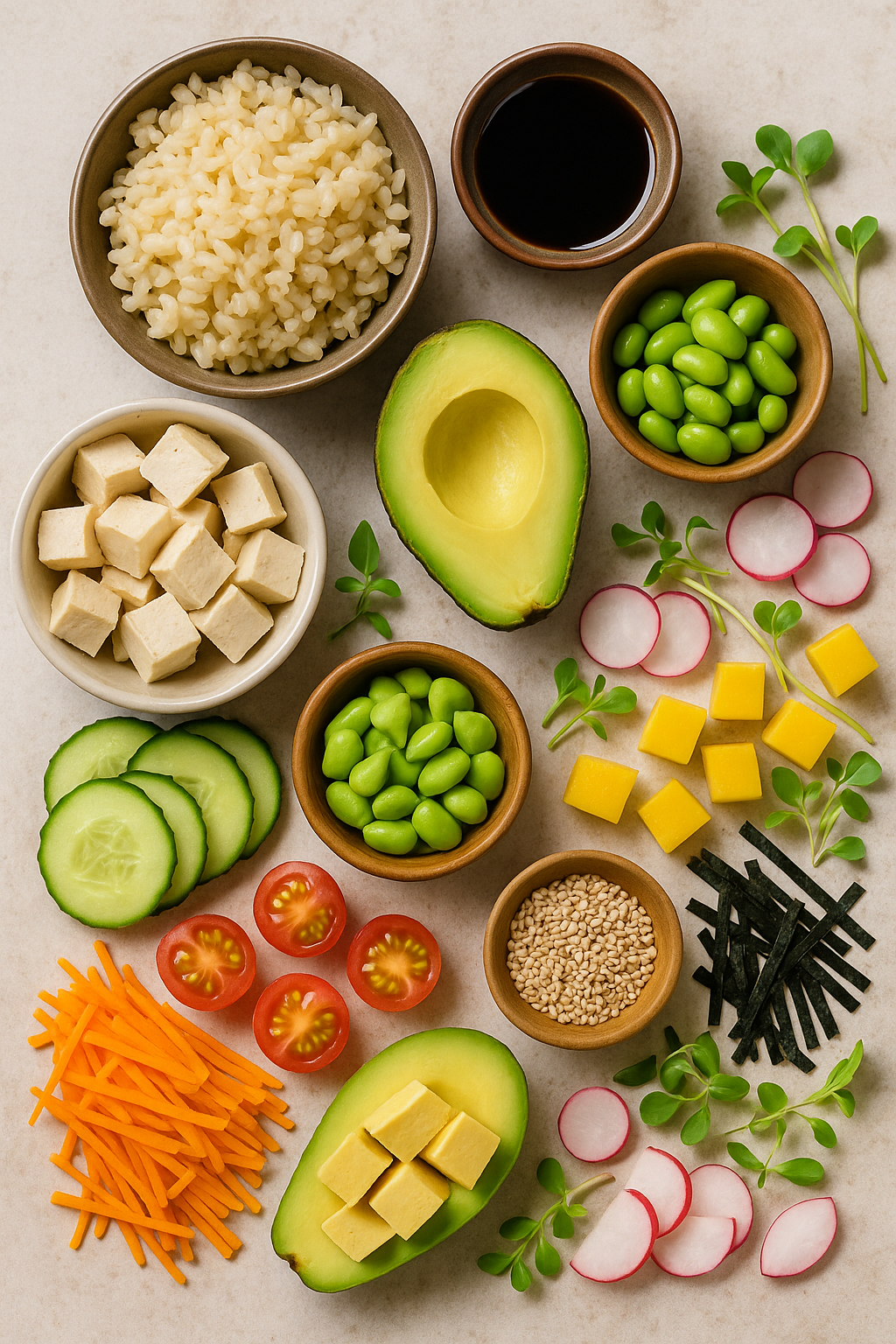 Ingredientes: arroz, tofu, edamame, aguacate y vegetales