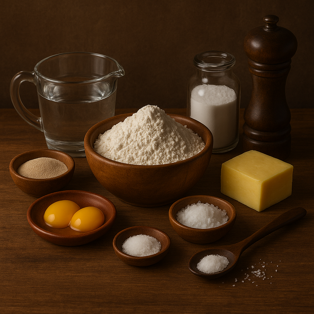 Ingredientes para hacer pretzels alemanes: harina, levadura, bicarbonato, huevo