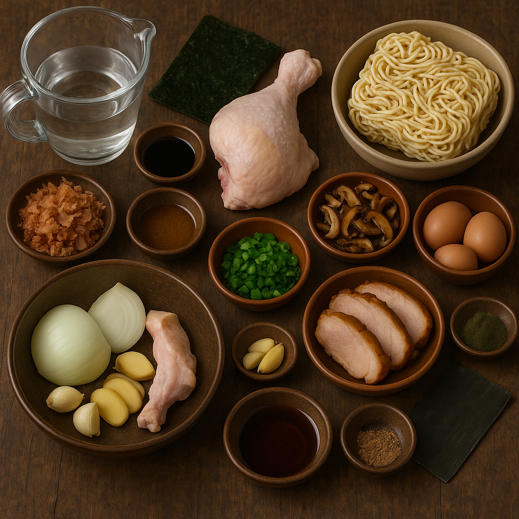 Ingredientes para ramen: fideos, huevos, nori, cerdo, kombu