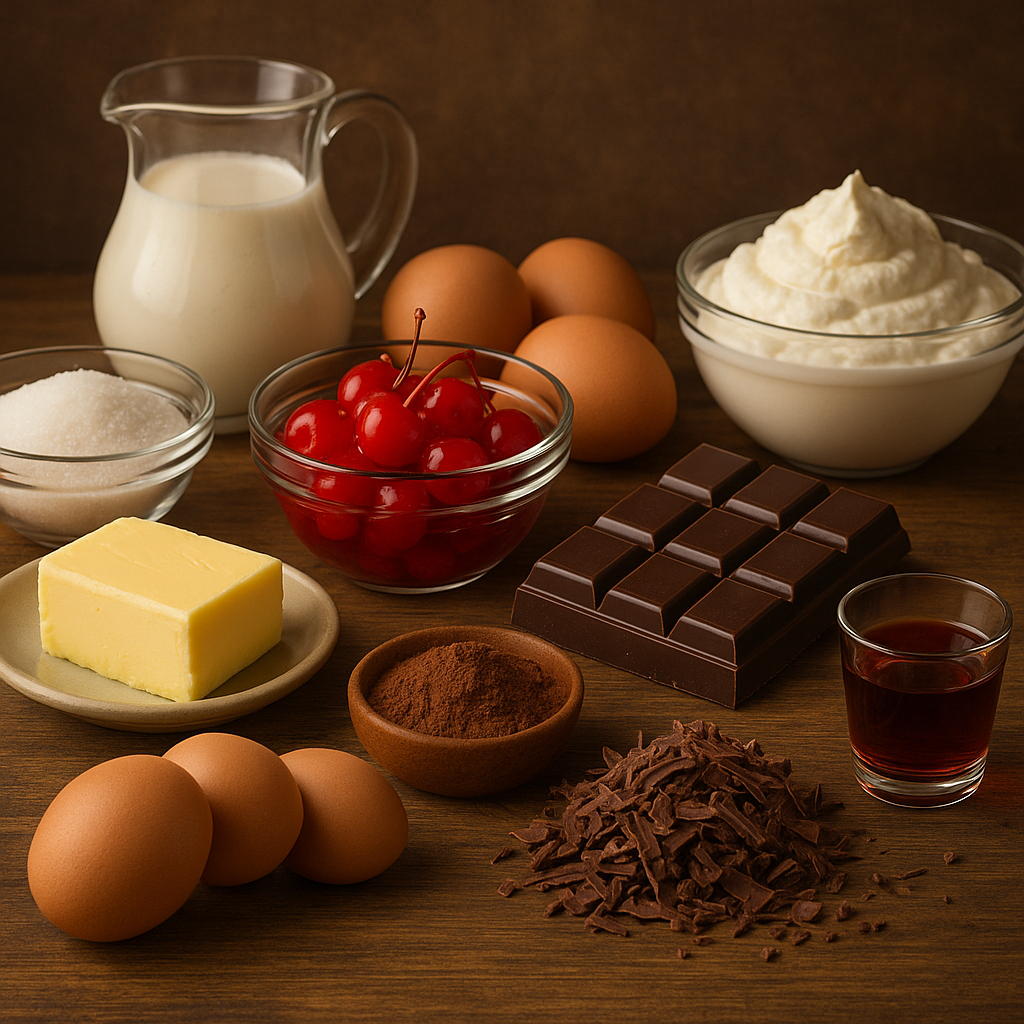 Ingredientes para tarta Selva Negra: chocolate, nata, bizcocho, cerezas