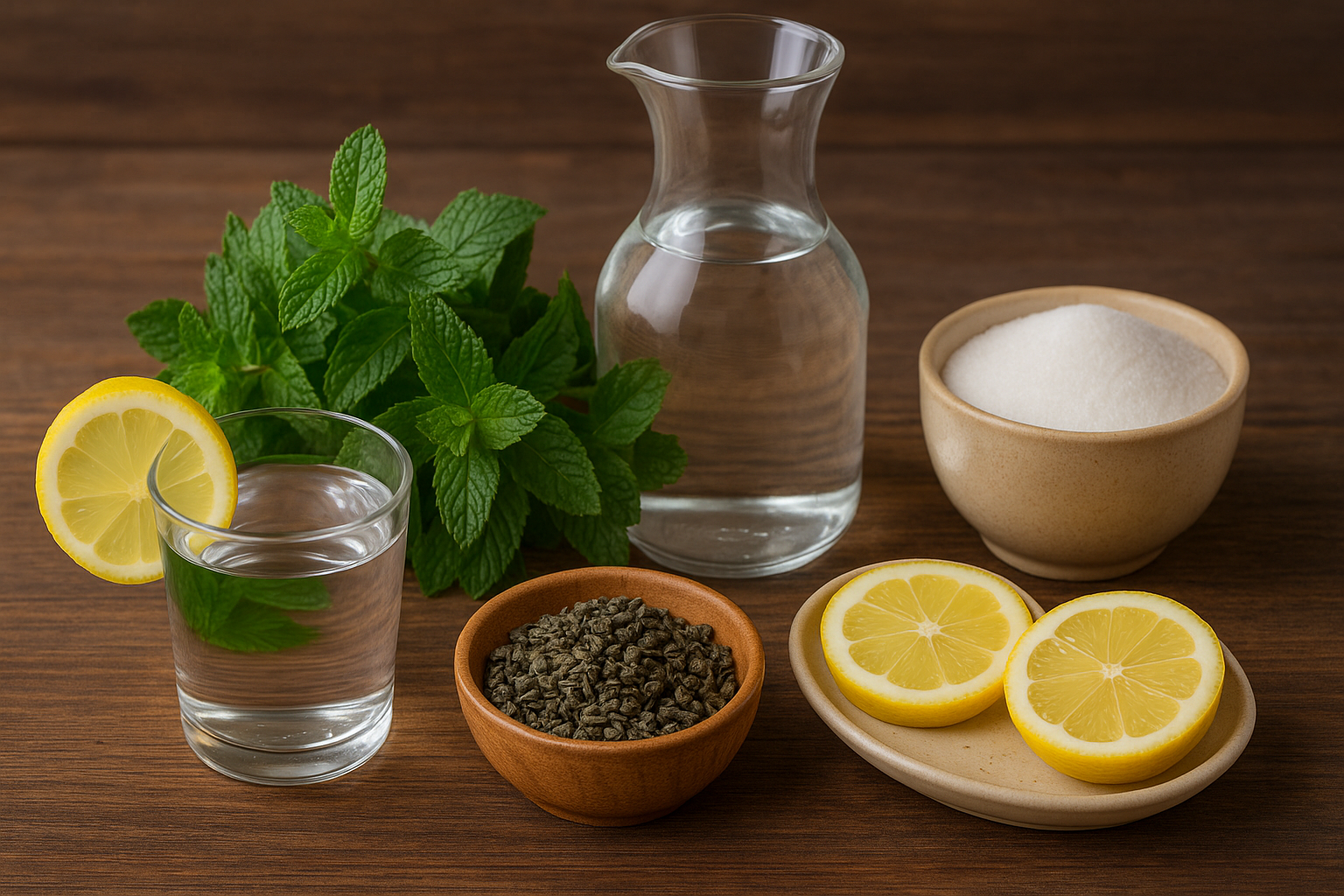 Ingredientes para té verde con menta: hojas de té, menta fresca y azúcar