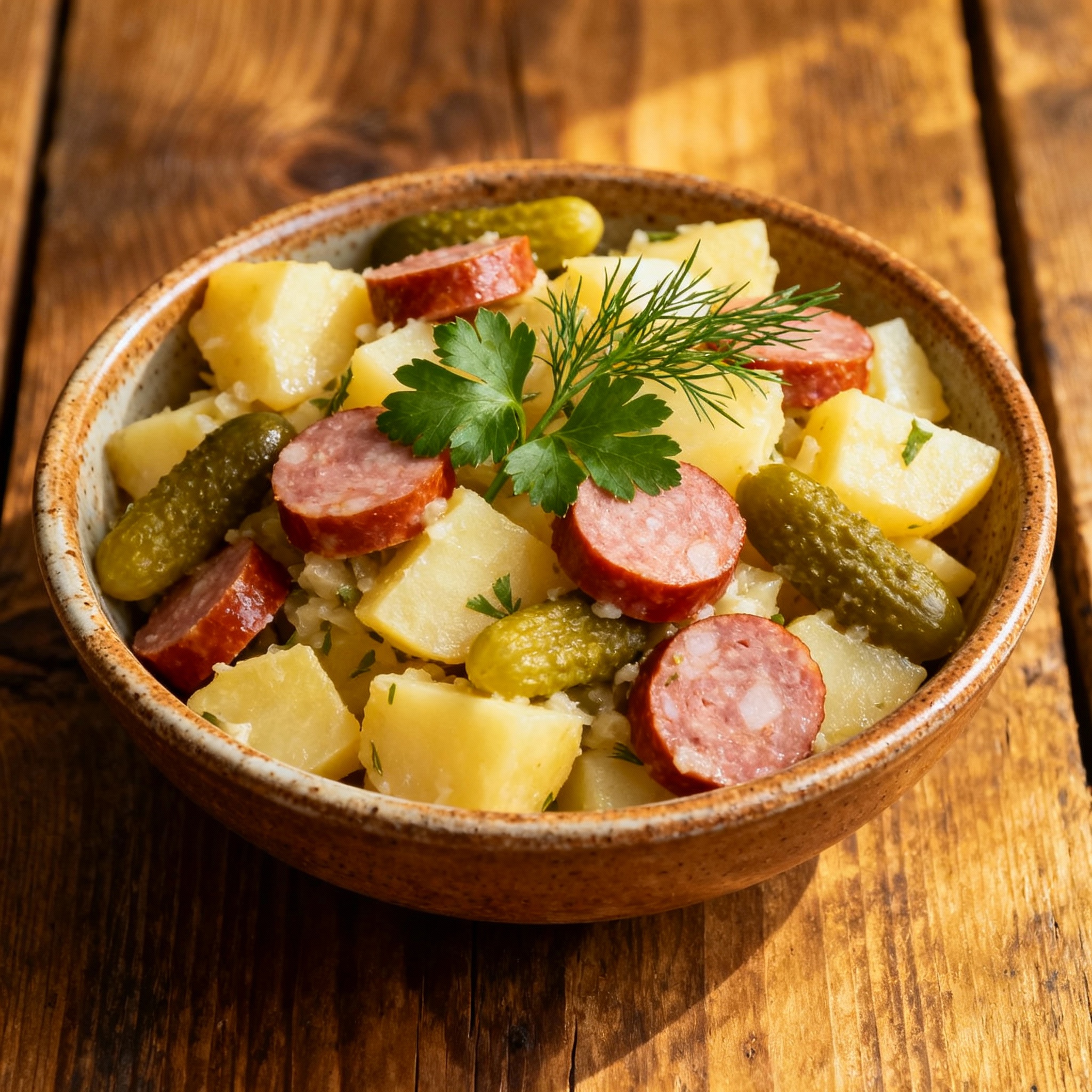 Kartoffelsalat ensalada alemana de patata con pepinillos y salchichas