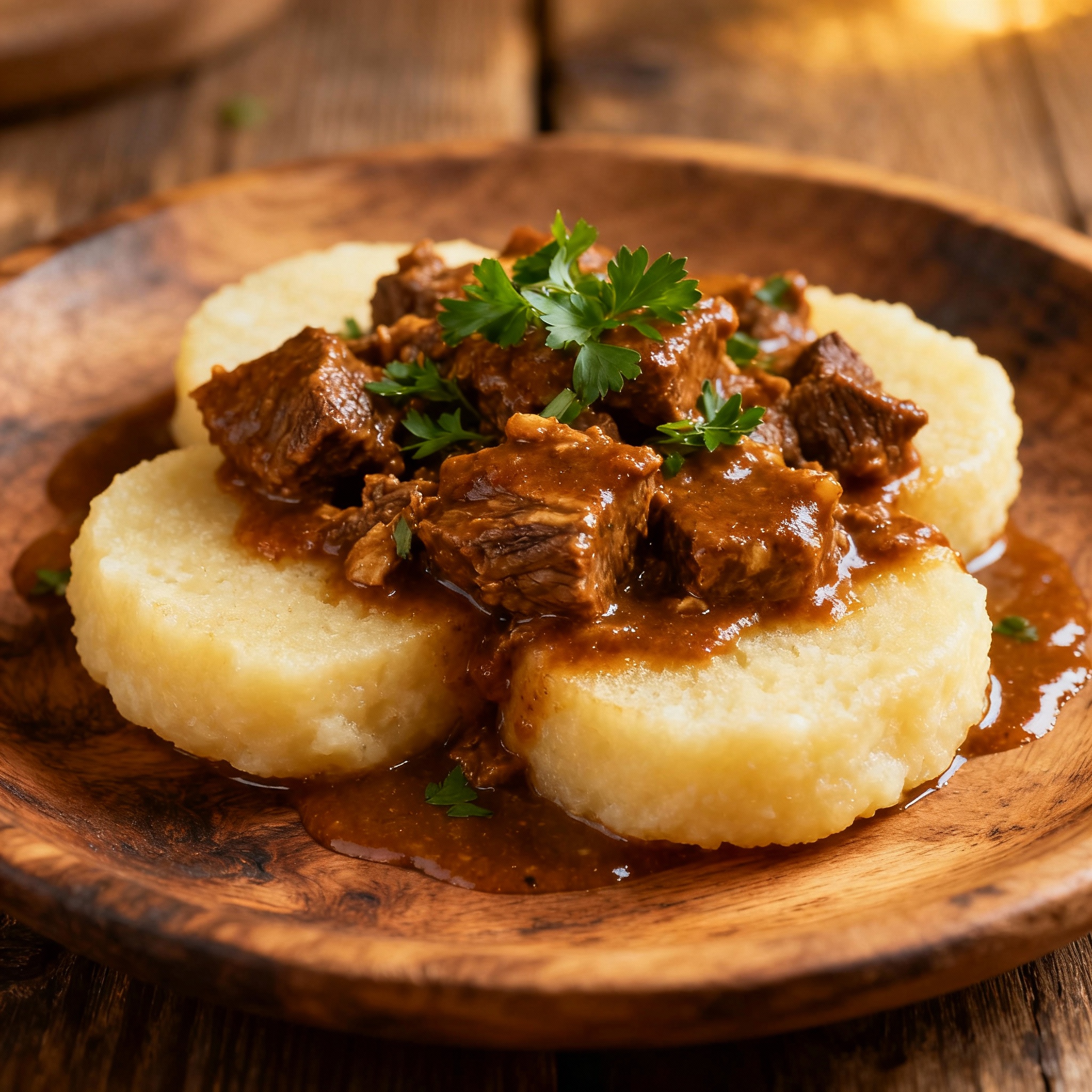 Rodajas de knedlíky servidas con gulash y salsa tradicional