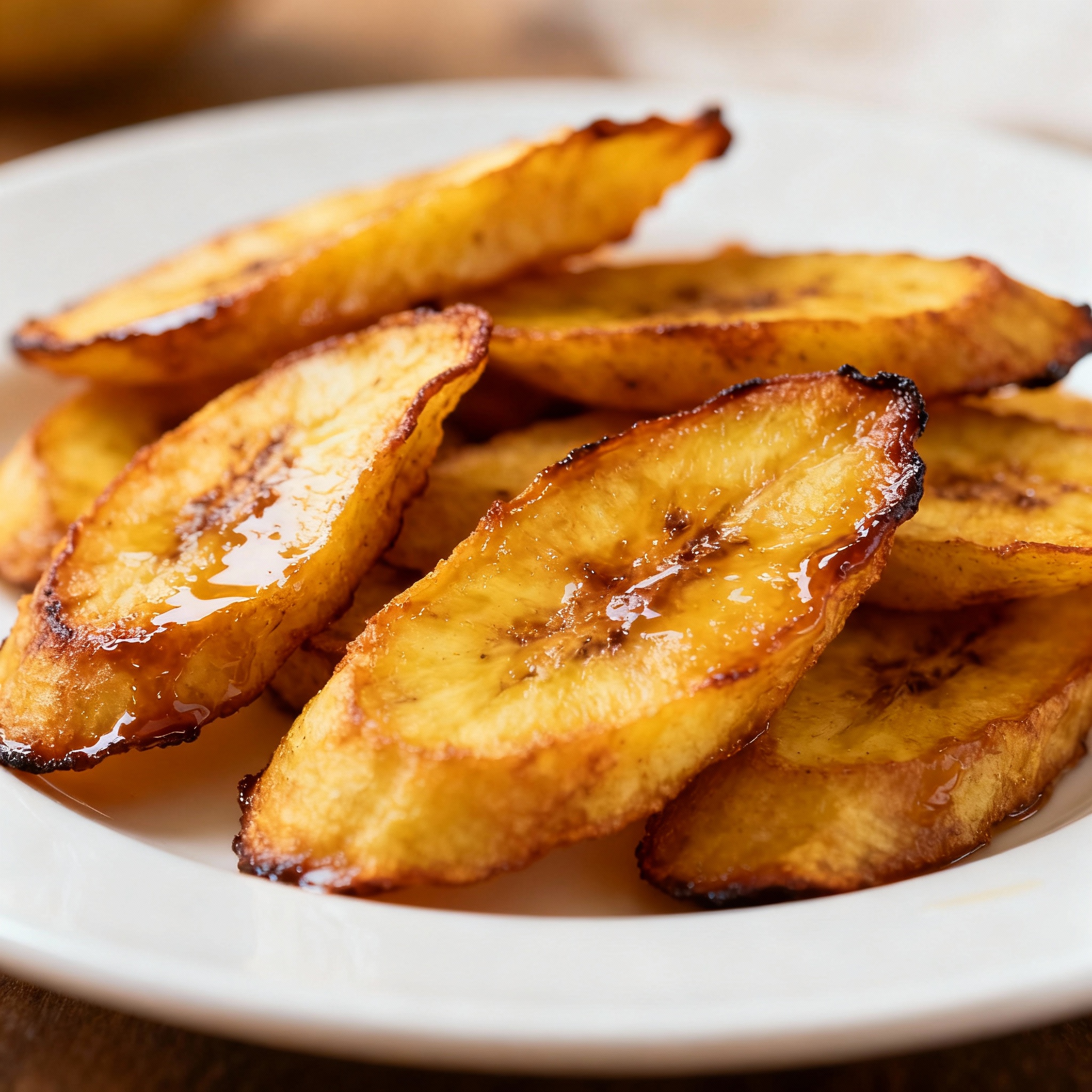 Plato de plátanos fritos dorados y crujientes