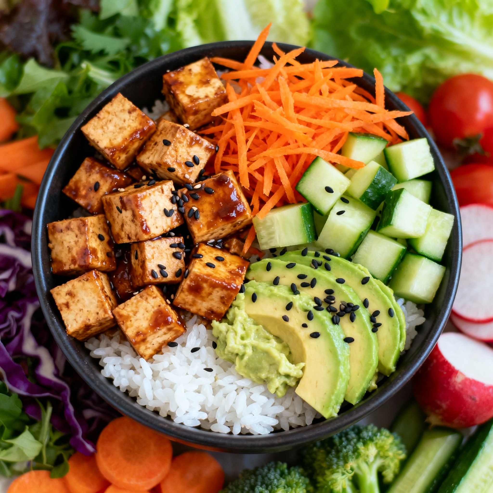 Bowl de poke veggie con arroz, tofu, zanahoria, pepino y semillas