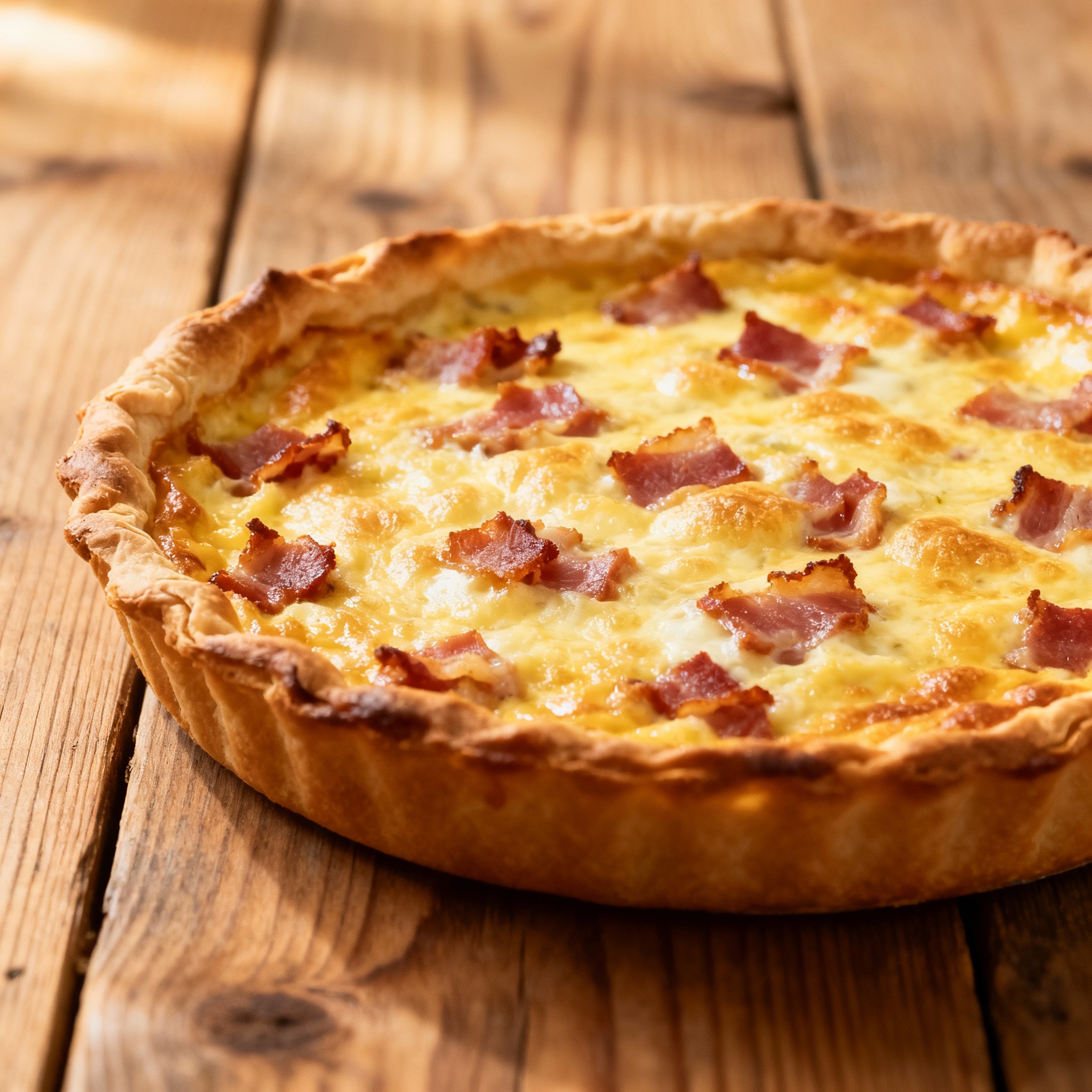 Quiche Lorraine tradicional francesa con queso gratinado y panceta