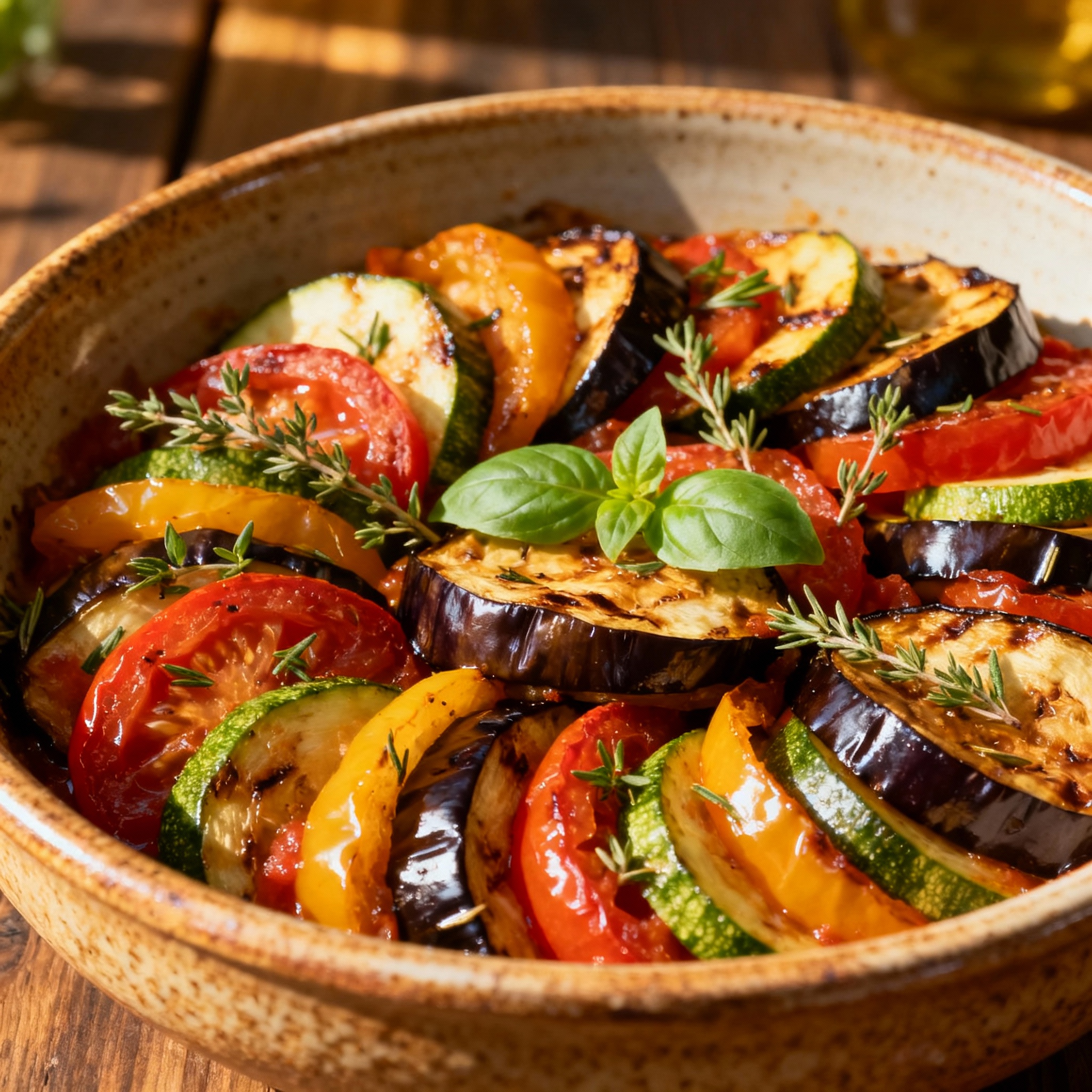 Ratatouille tradicional presentado en plato rústico