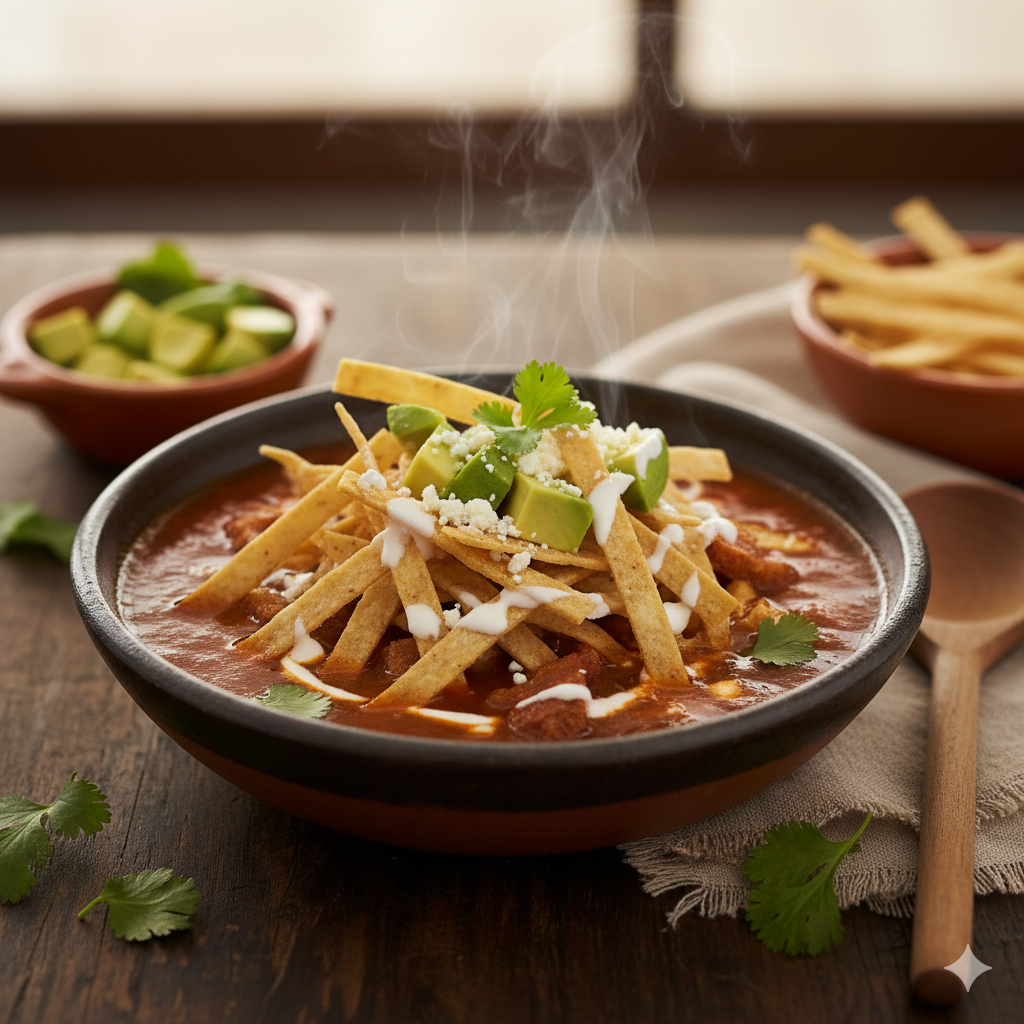 Cuenco de sopa azteca con abundante aguacate, crema y queso