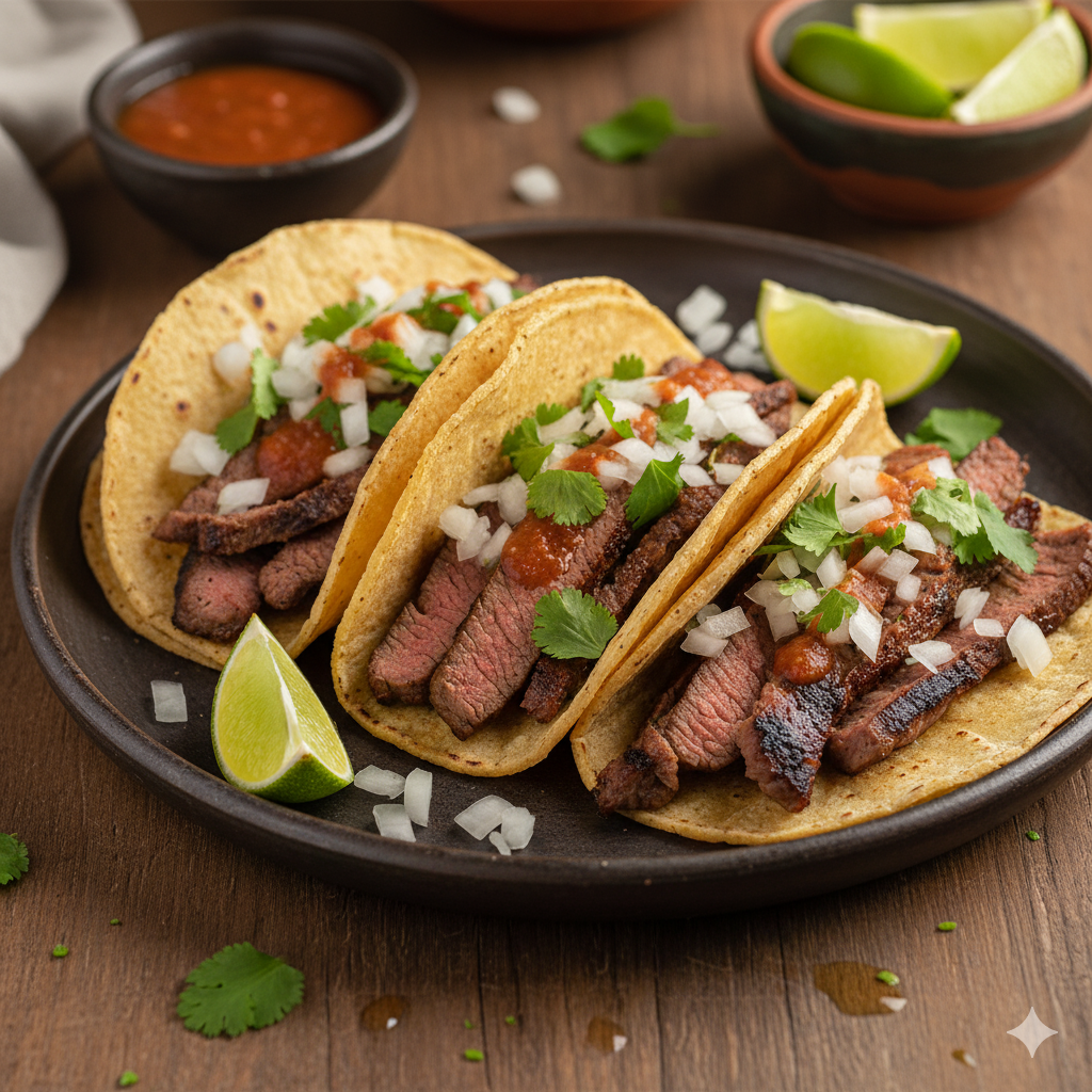 Plato con varios tacos de carne asada listos para comer