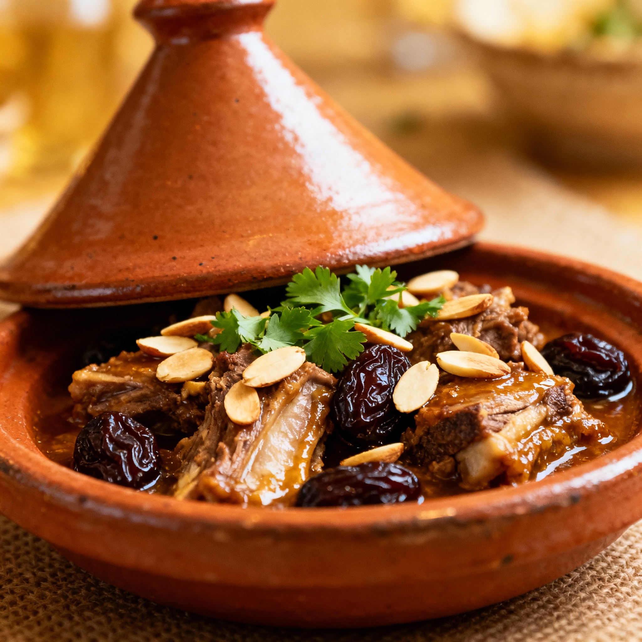 Plato de tajín de cordero con ciruelas y almendras