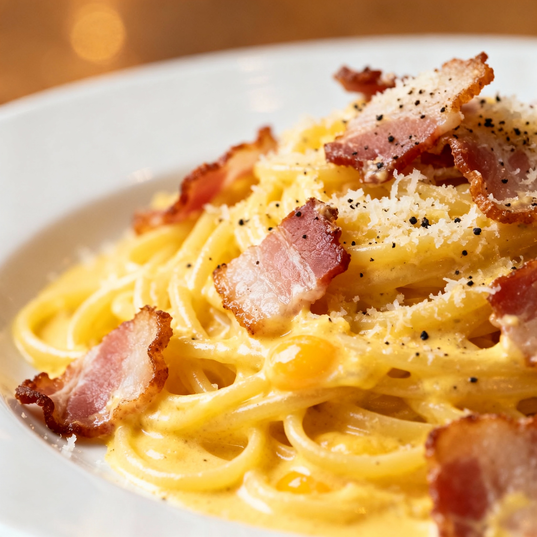 Carbonara original italiana con yema cruda y guanciale