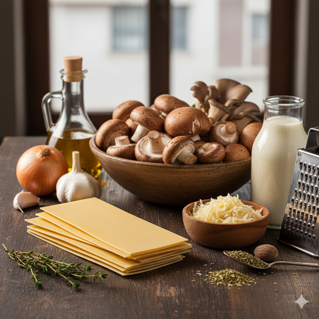 Mise en place: placas de canelón, setas, cebolla, ajo, nata y queso
