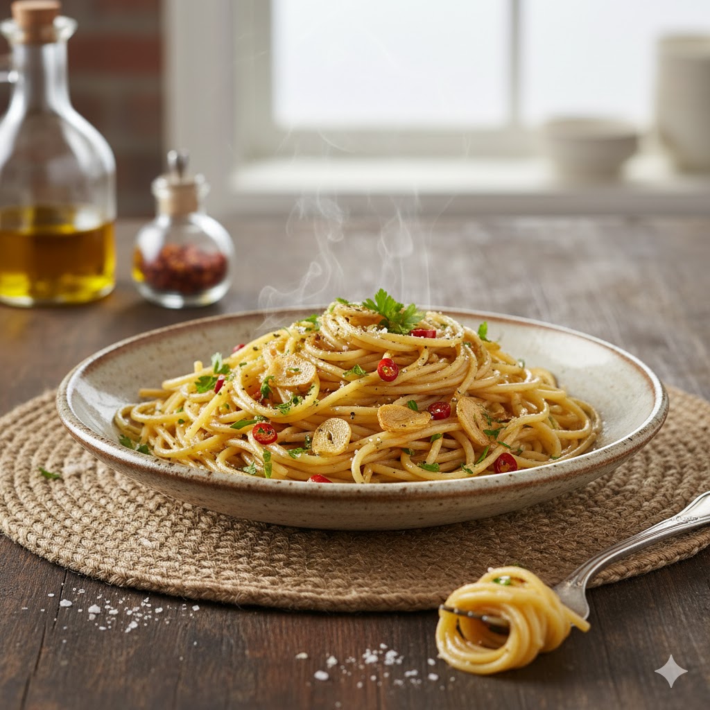 Espaguetis Aglio e Olio servidos