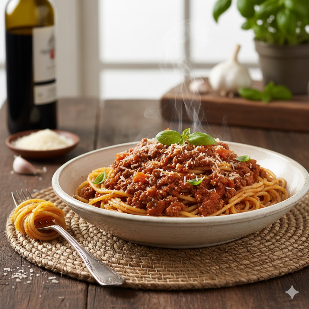 Espaguetis a la boloñesa servidos