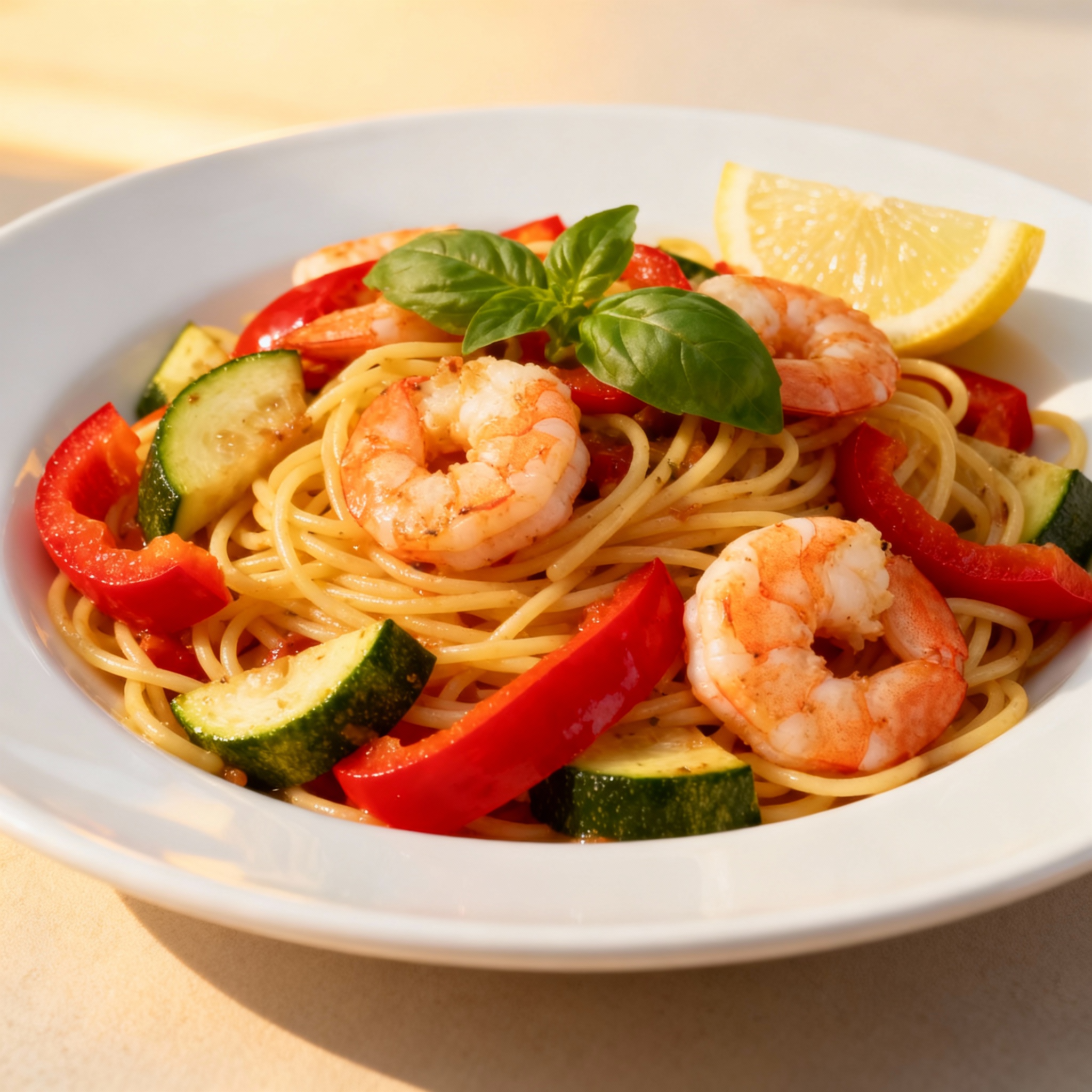 Espaguetis con verduras y gambas