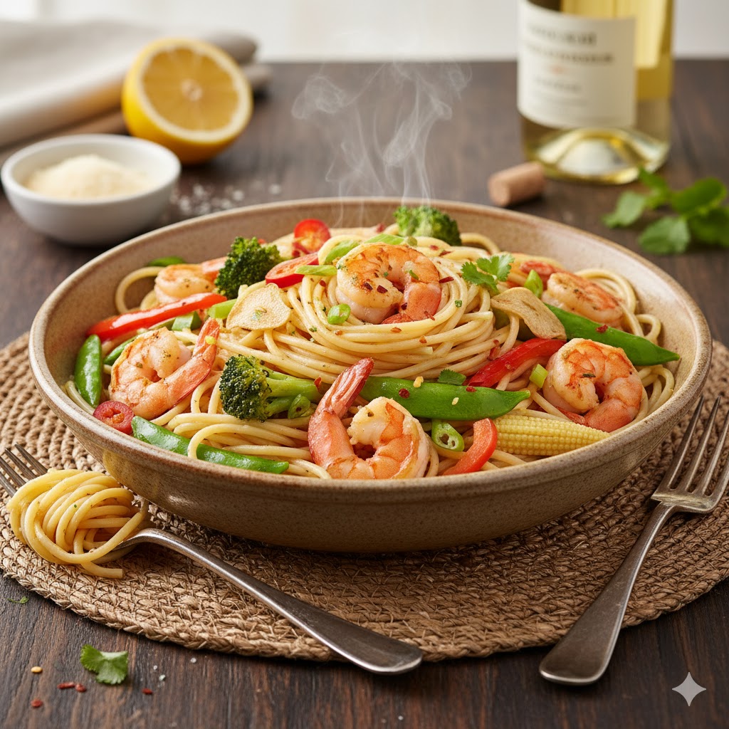 Espaguetis con verduras y gambas servidos