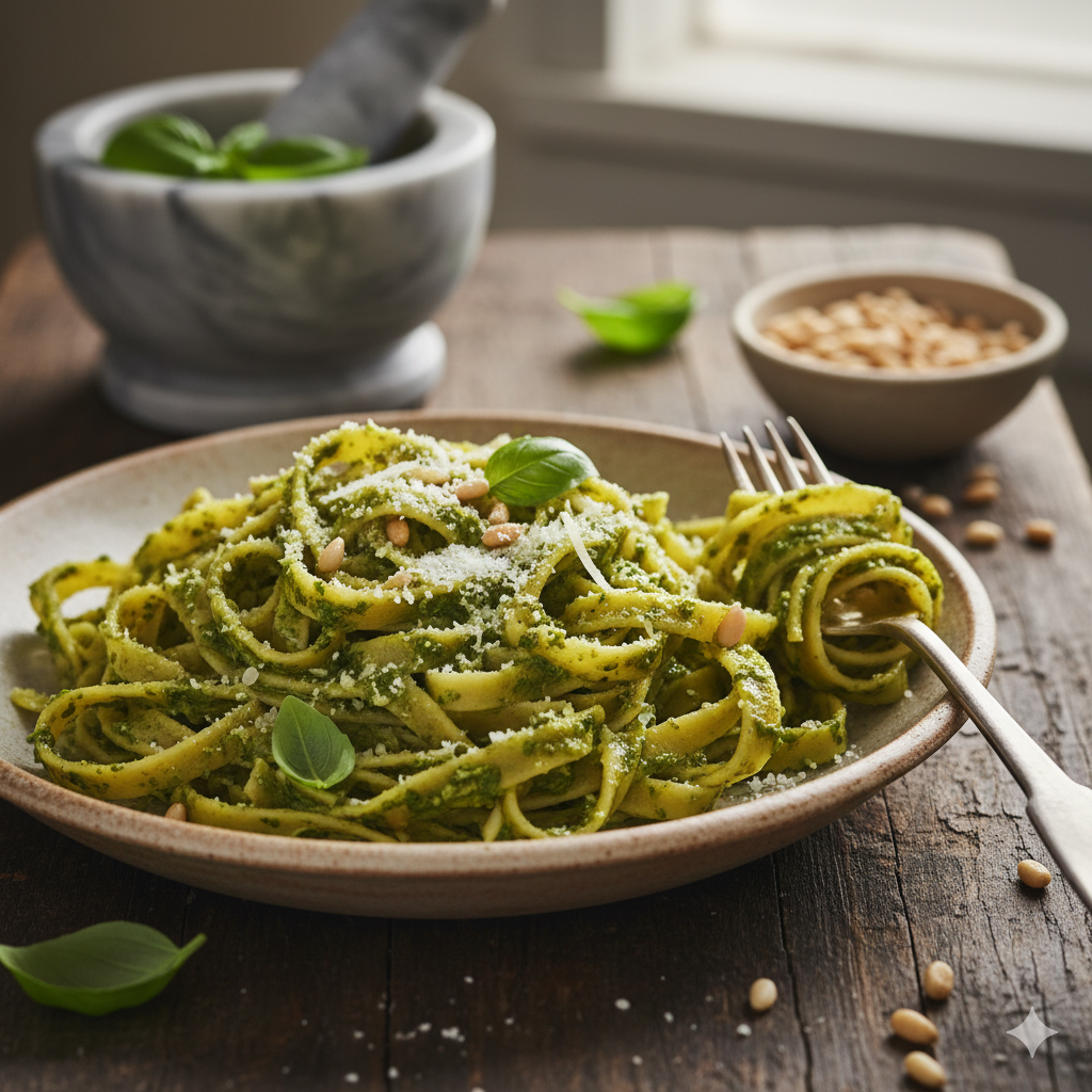 Plato de fettuccine al pesto con parmesano