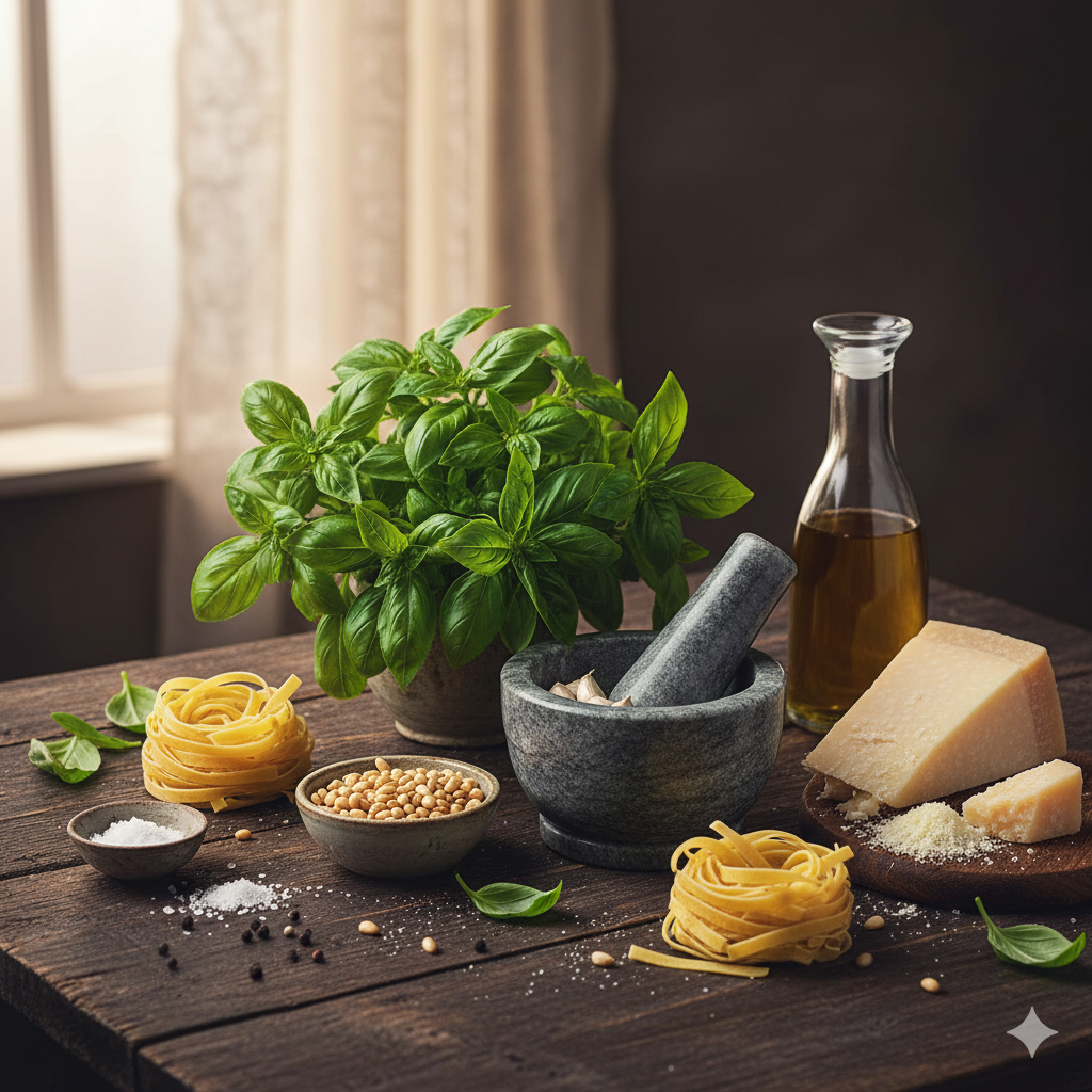 Mise en place: albahaca, piñones, ajo, parmesano, pecorino y AOVE