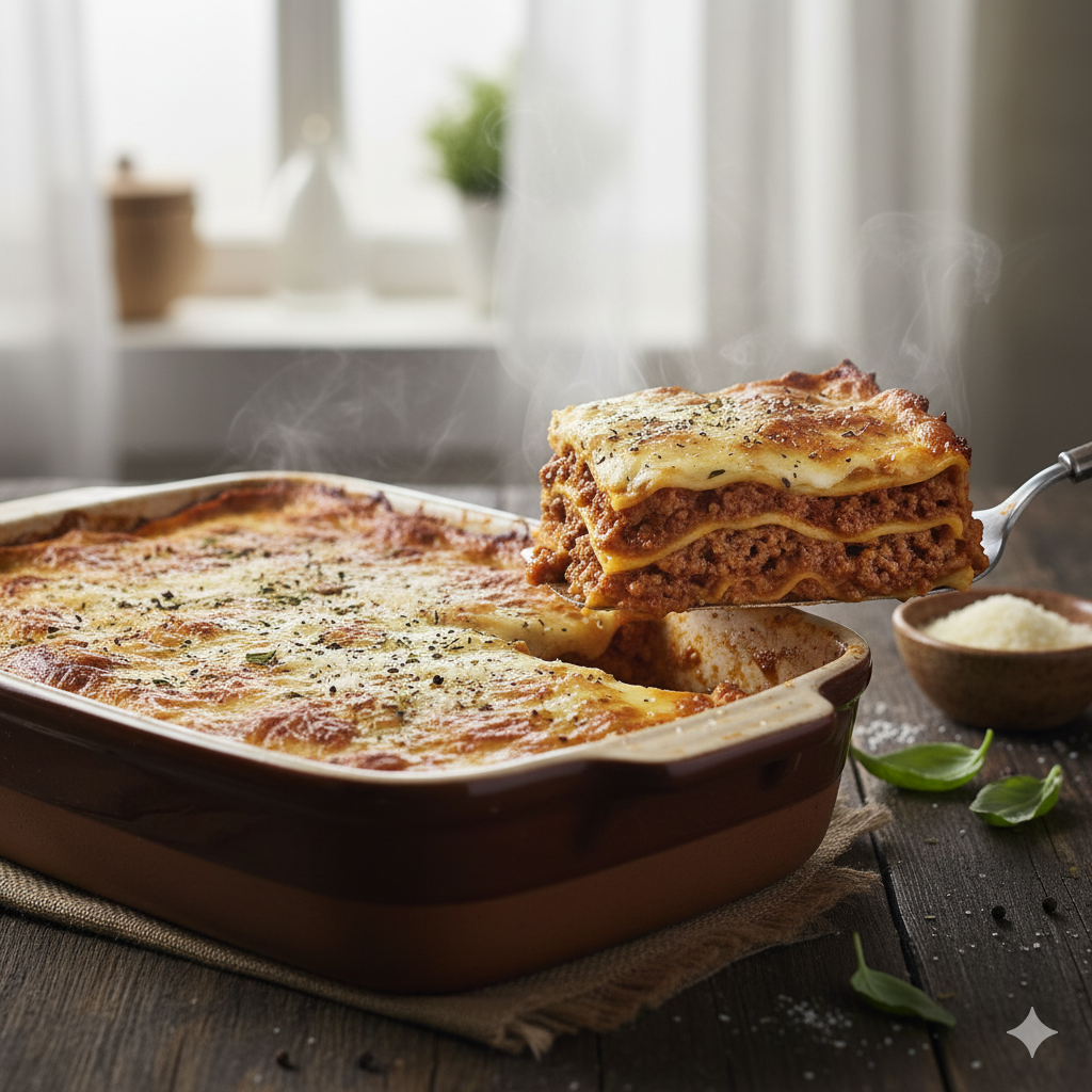 Lasaña de carne clásica recién horneada y gratinada