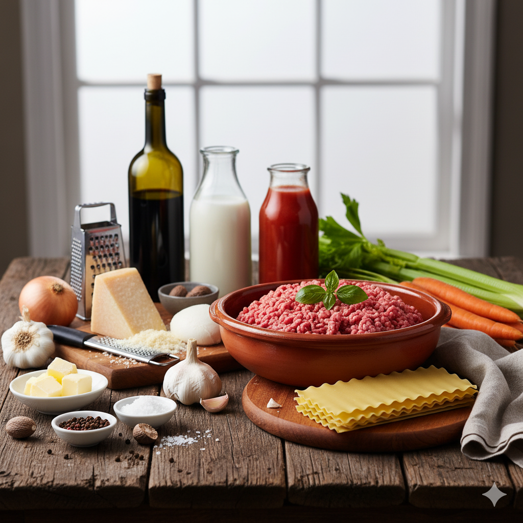 Mise en place: pasta de lasaña, carne, verduras para sofrito, tomate, leche y quesos