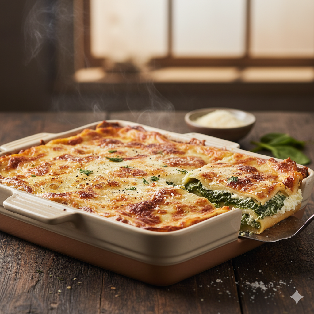 Lasaña de espinacas y queso recién horneada