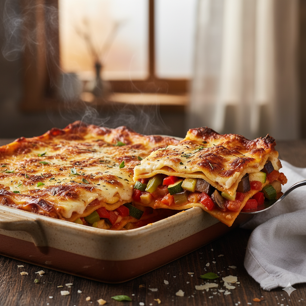 Lasaña vegetariana de verduras gratinada y lista para servir