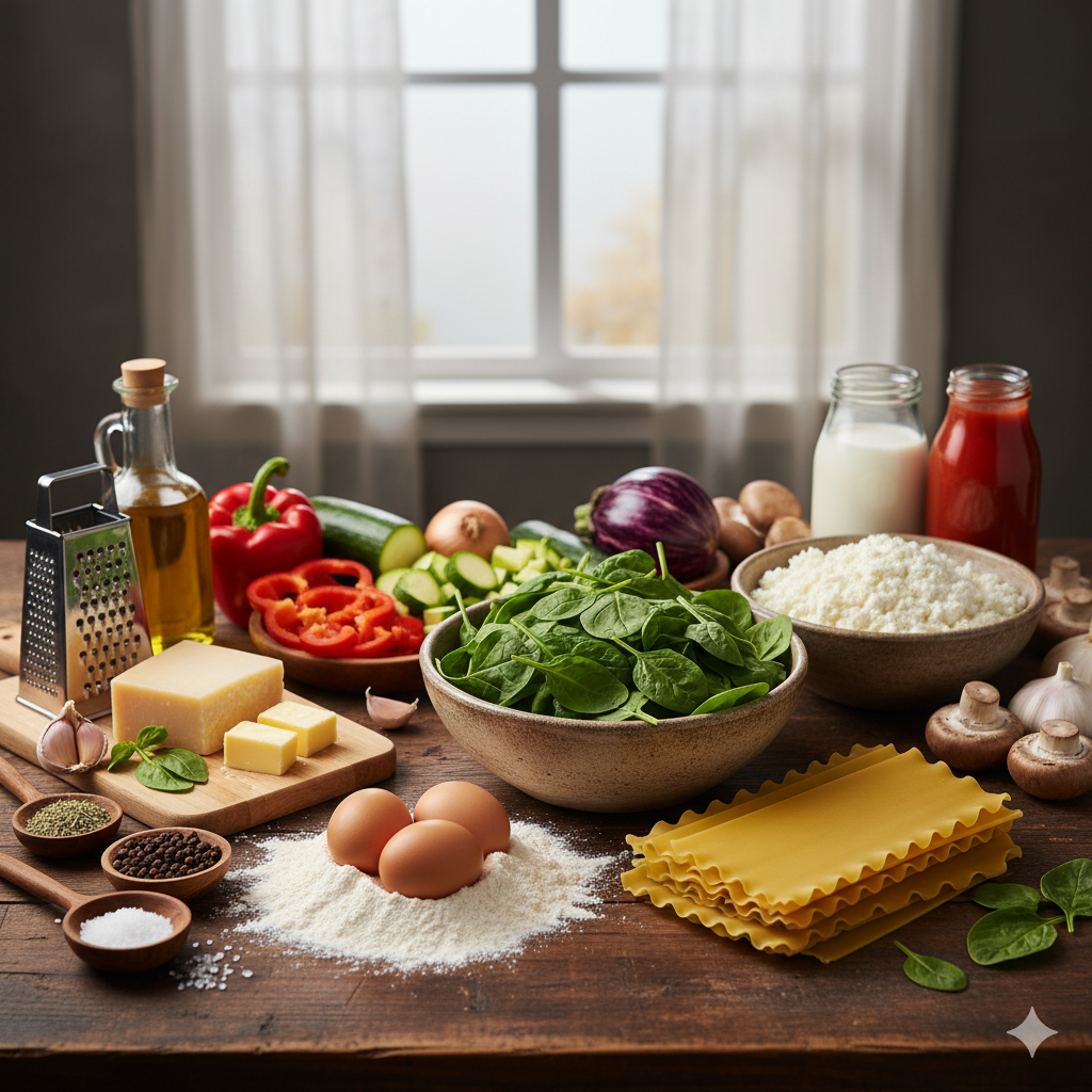 Mise en place: placas de lasaña, verduras variadas, tomate y quesos