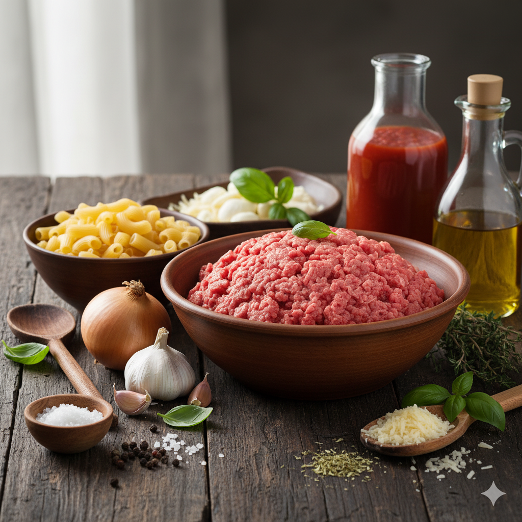 Ingredientes para macarrones al horno: pasta, carne, cebolla, ajo, tomate y queso