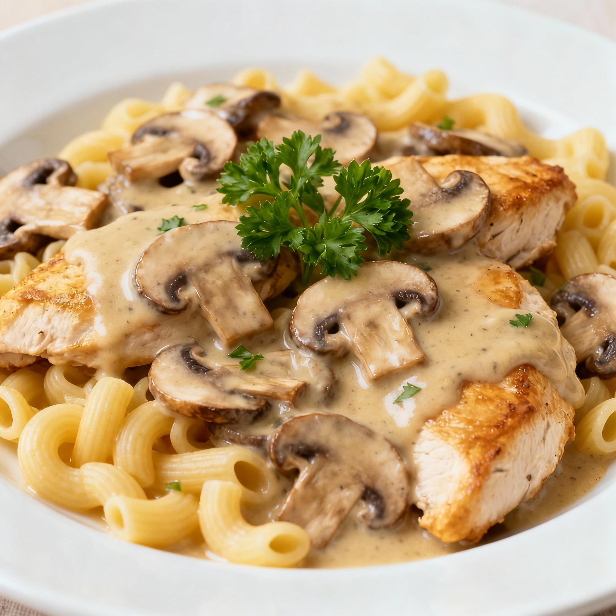 Macarrones con pollo y champiñones