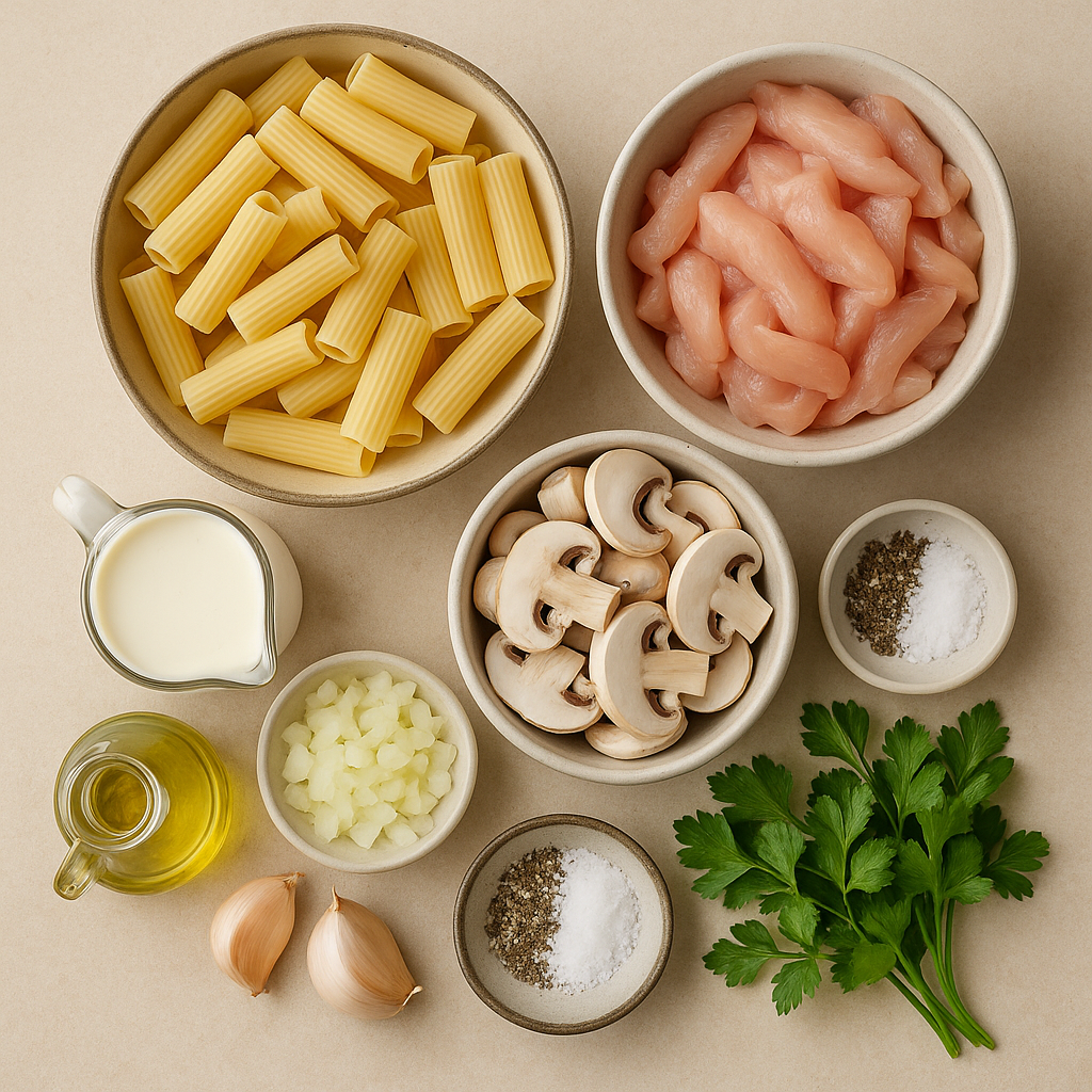 Ingredientes para macarrones con pollo y champiñones