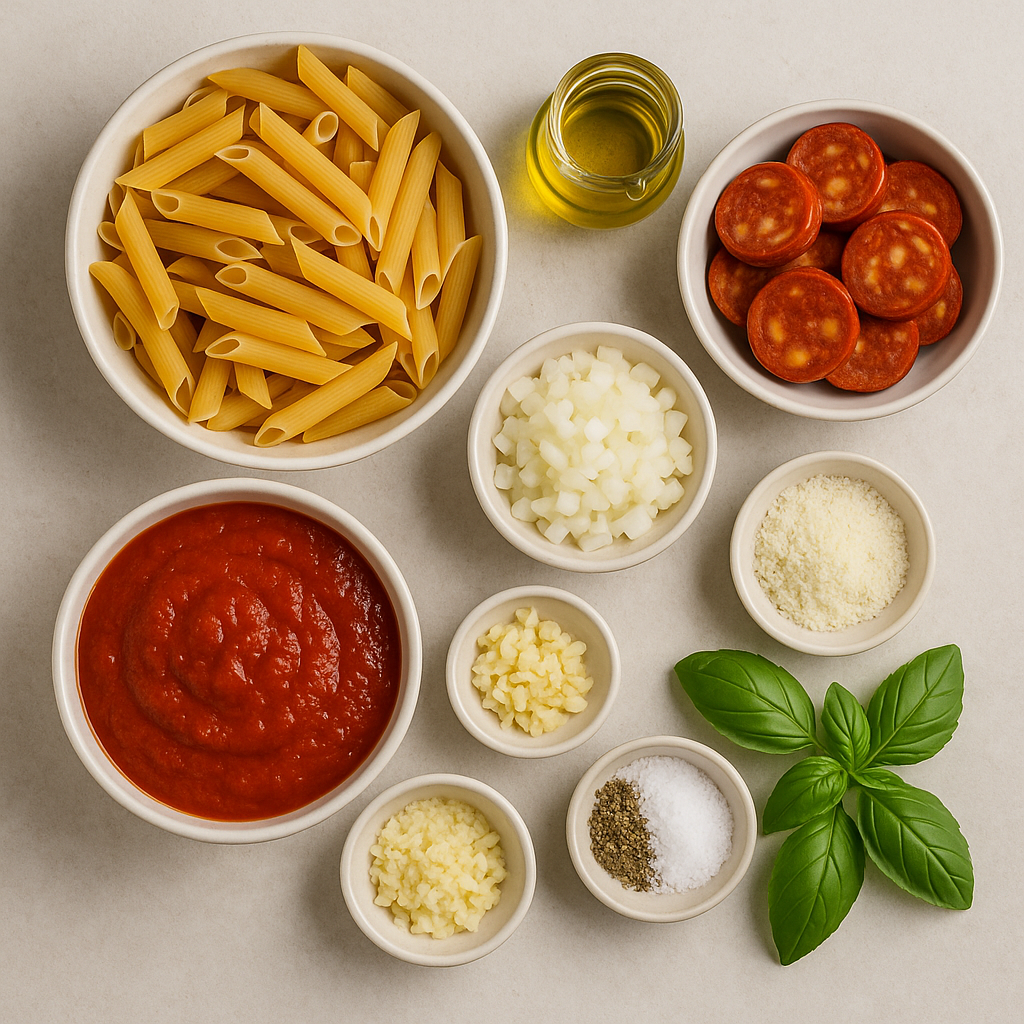 Ingredientes para pasta con chorizo y tomate