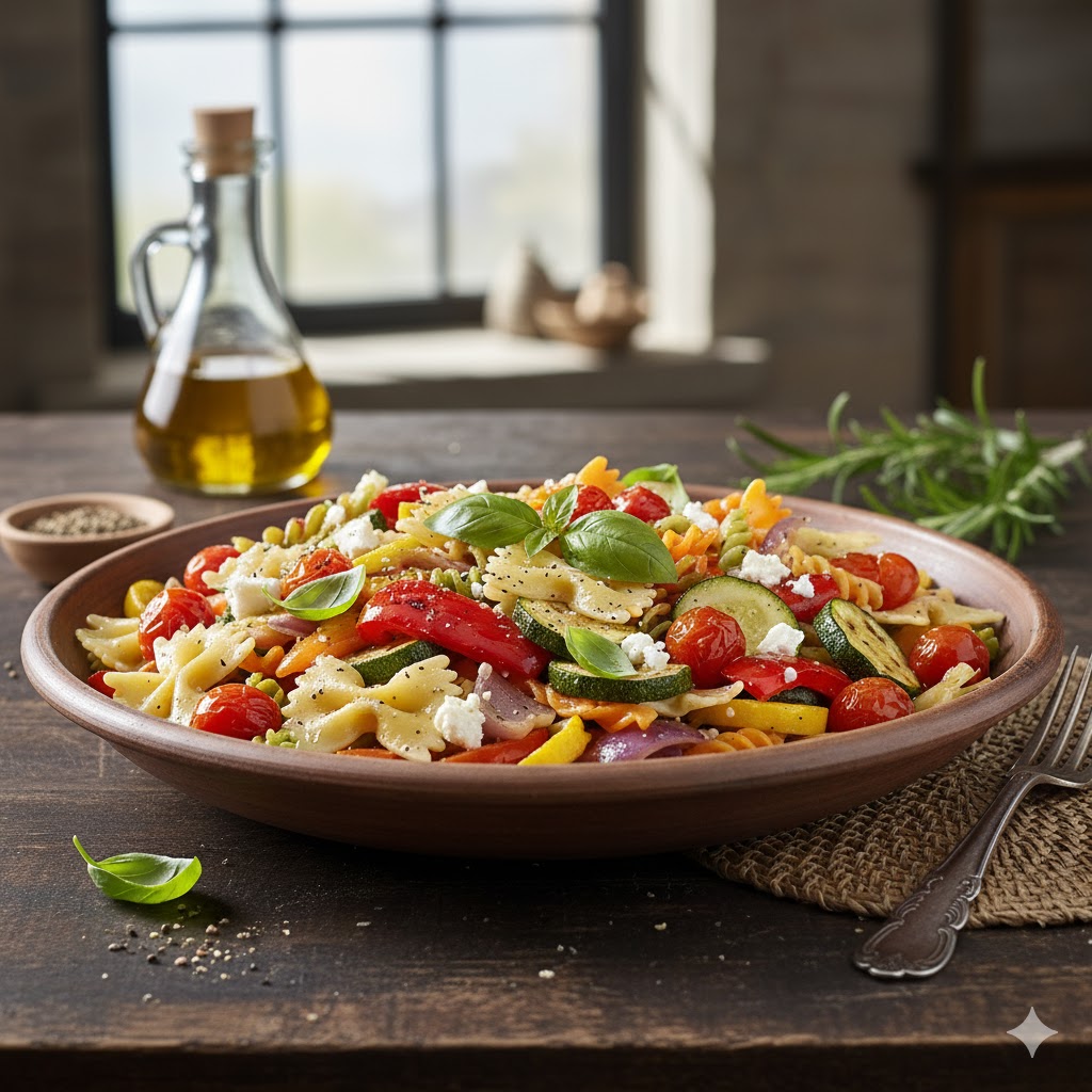 Pasta con verduras asadas servida