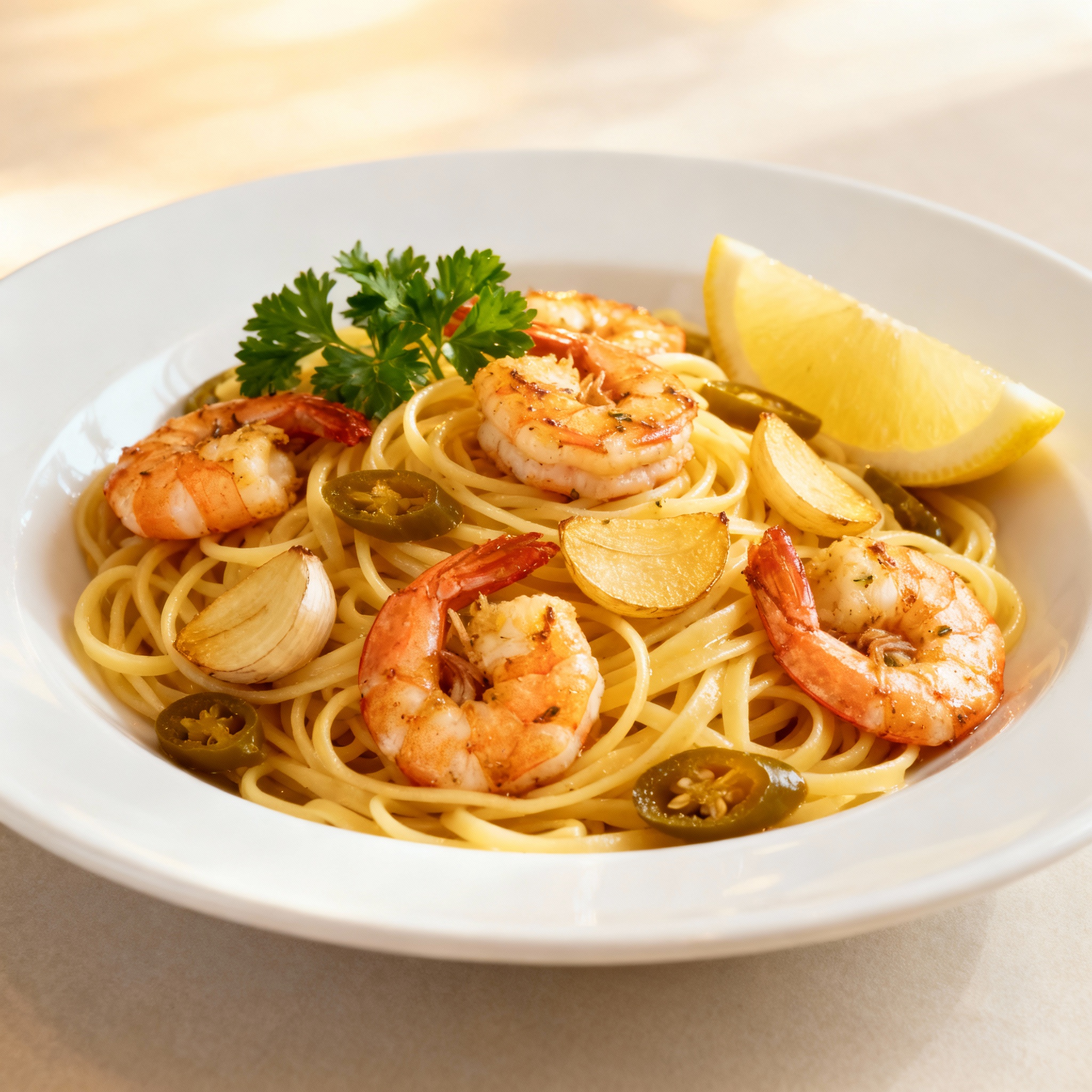 Tallarines con gambas al ajillo