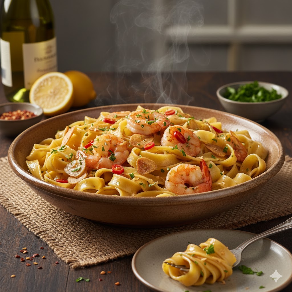 Tallarines con gambas al ajillo servidos