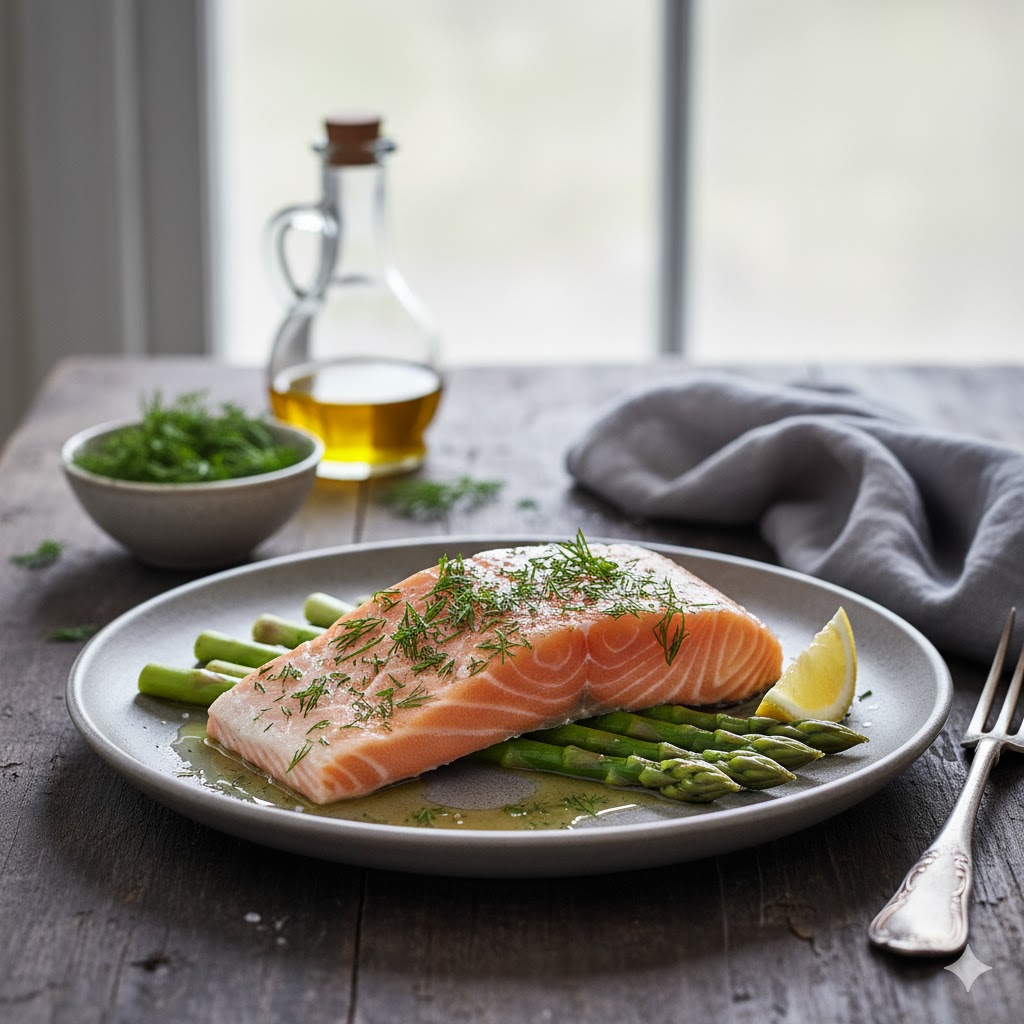 Salmón confitado servido