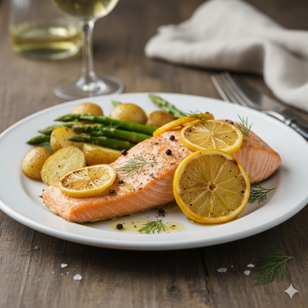 Salmón al horno con limón servido