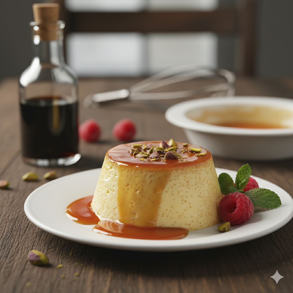 Flan de huevo casero desmoldado con caramelo líquido cayendo