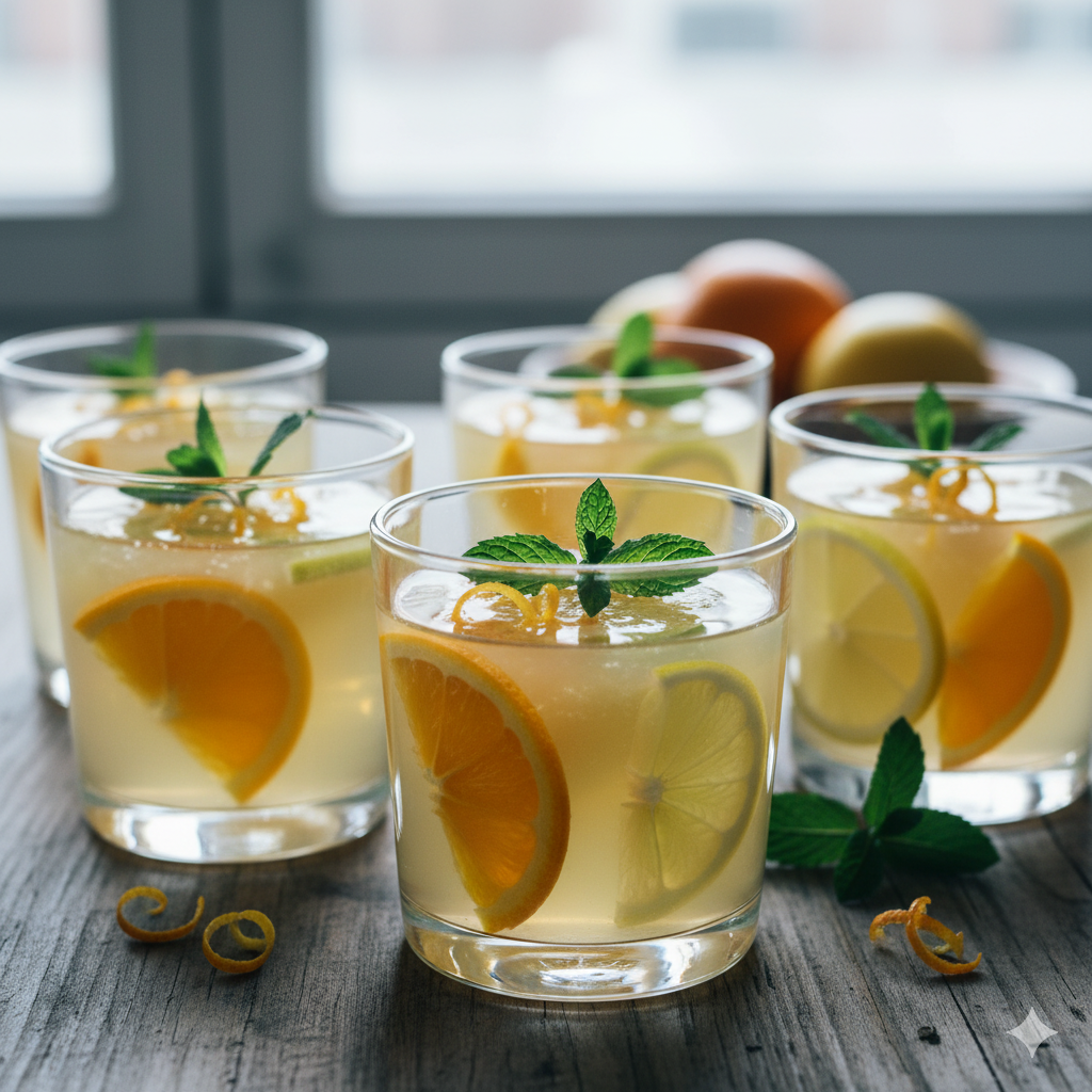 Copas individuales de gelatina de cítricos decoradas con fruta fresca y menta