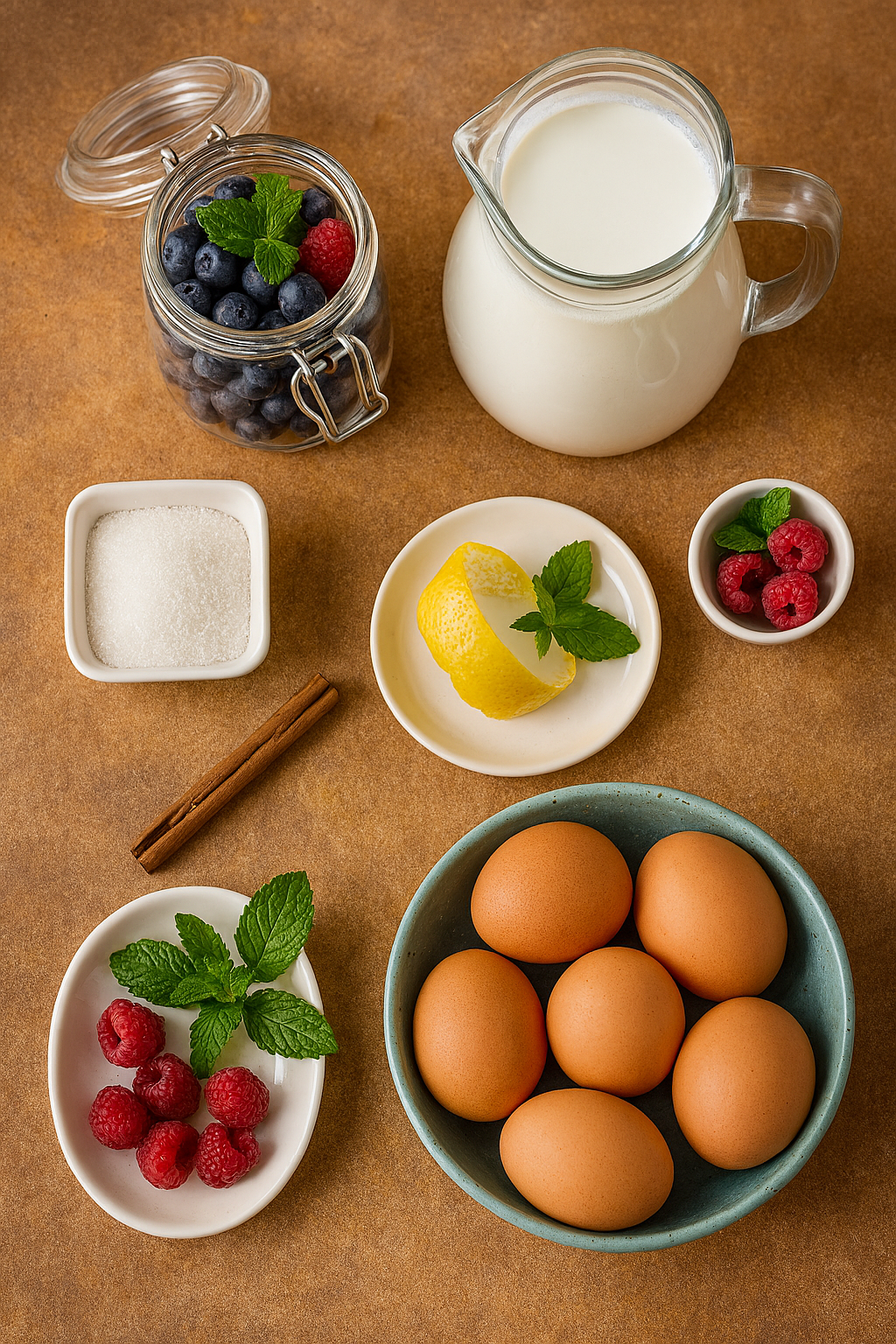 Ingredientes para flan: huevos, leche, azúcar, limón, canela