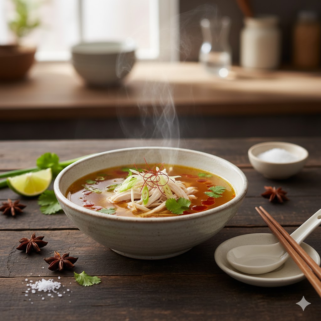 Caldo de ave servido y decorado