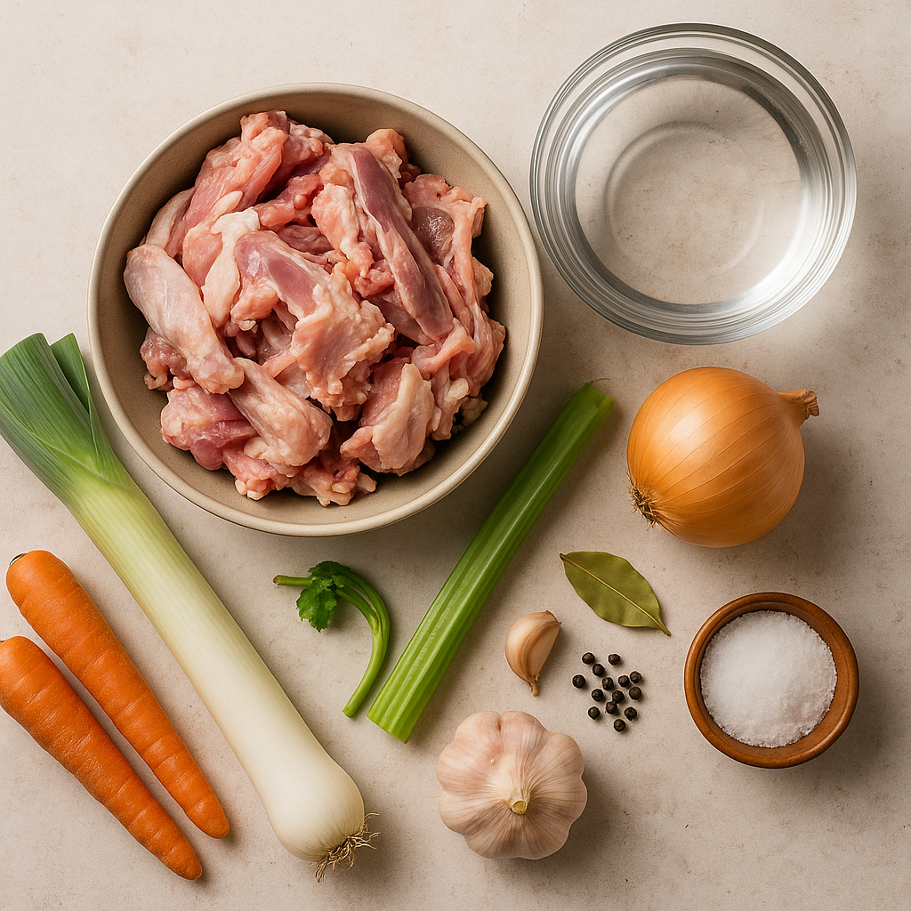 Ingredientes para caldo de ave: pollo, verduras, agua y especias