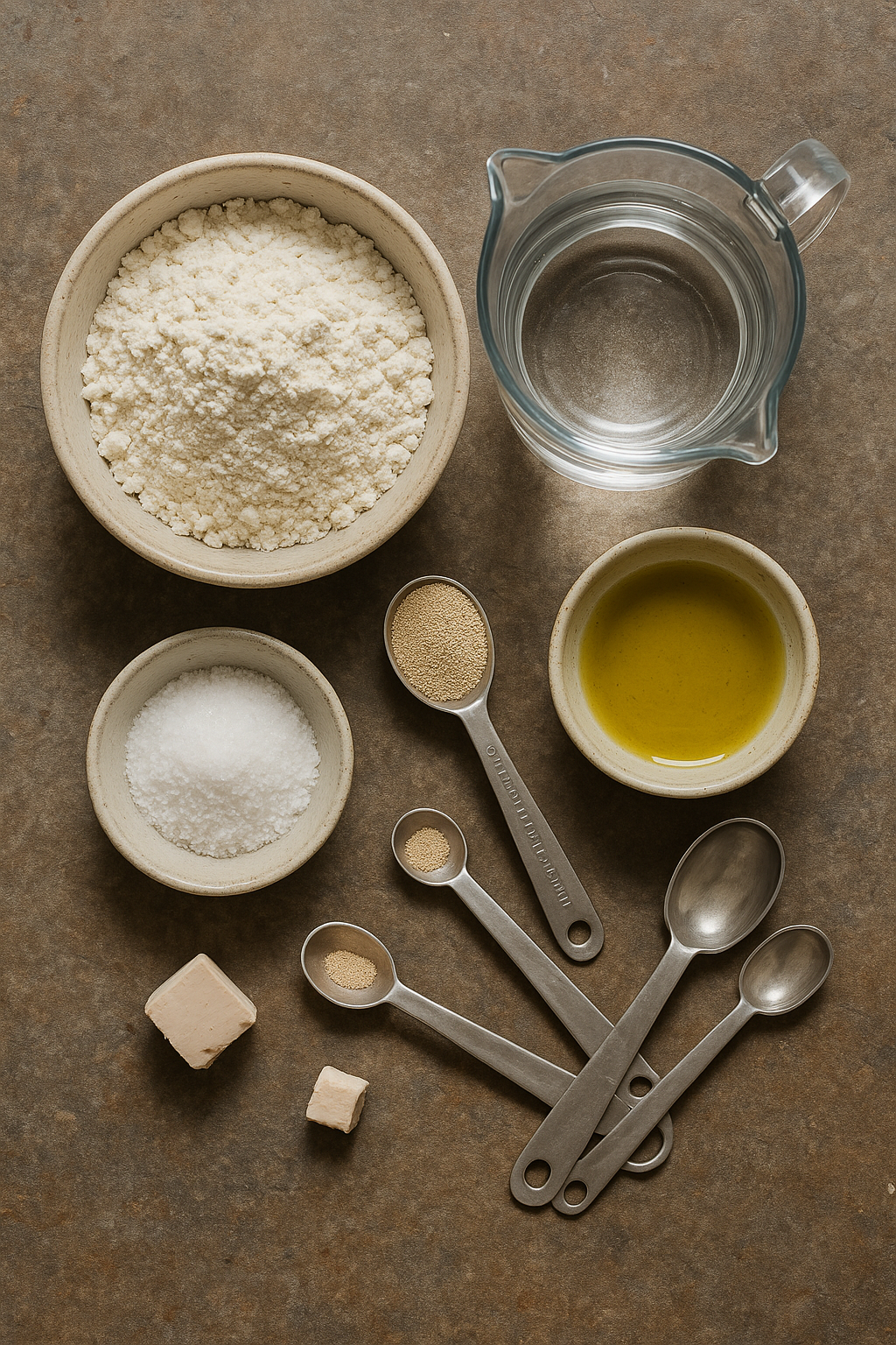 Ingredientes para pan casero: harina, agua, sal, levadura y aceite